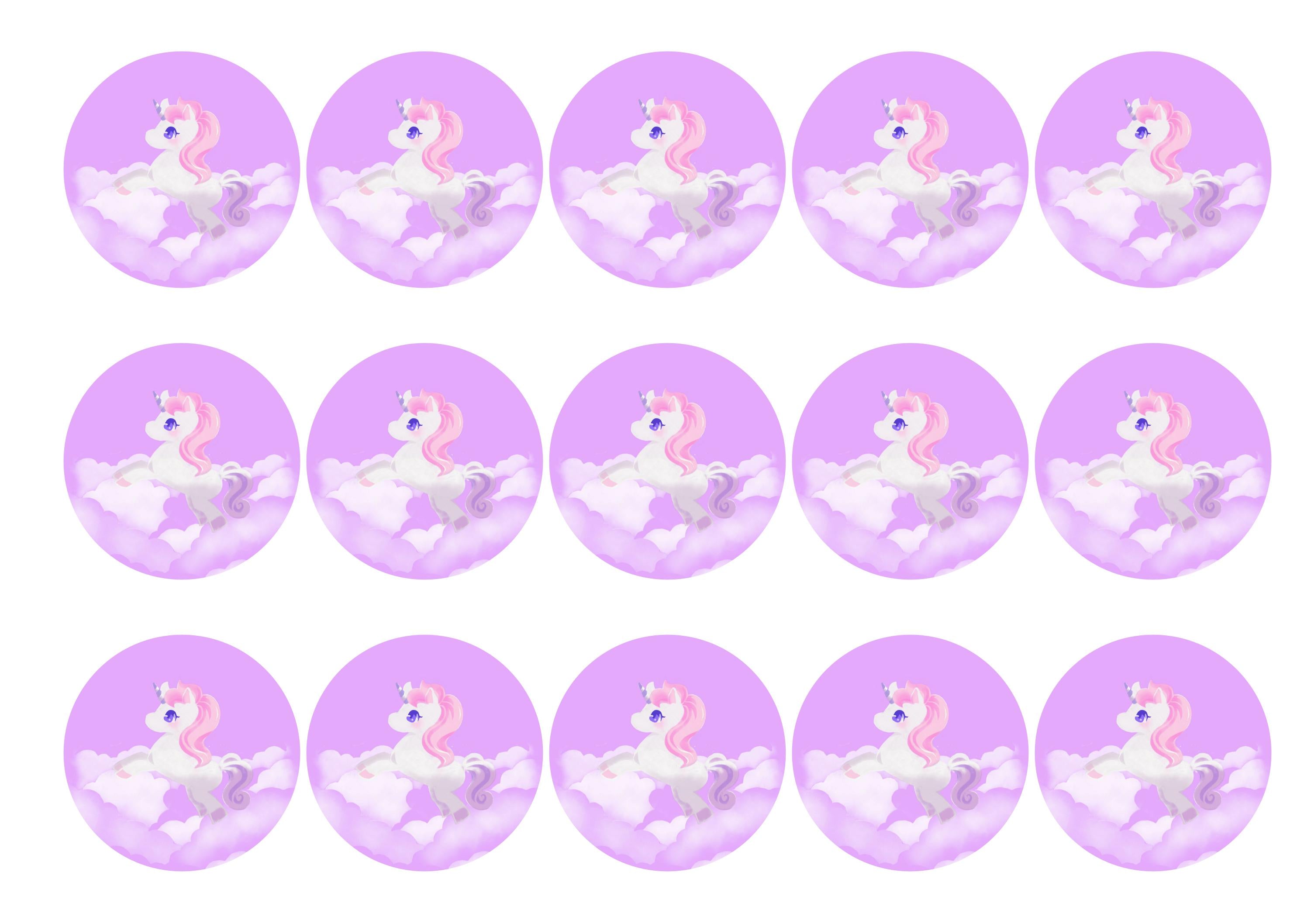 15 printed toppers with a unicorn image