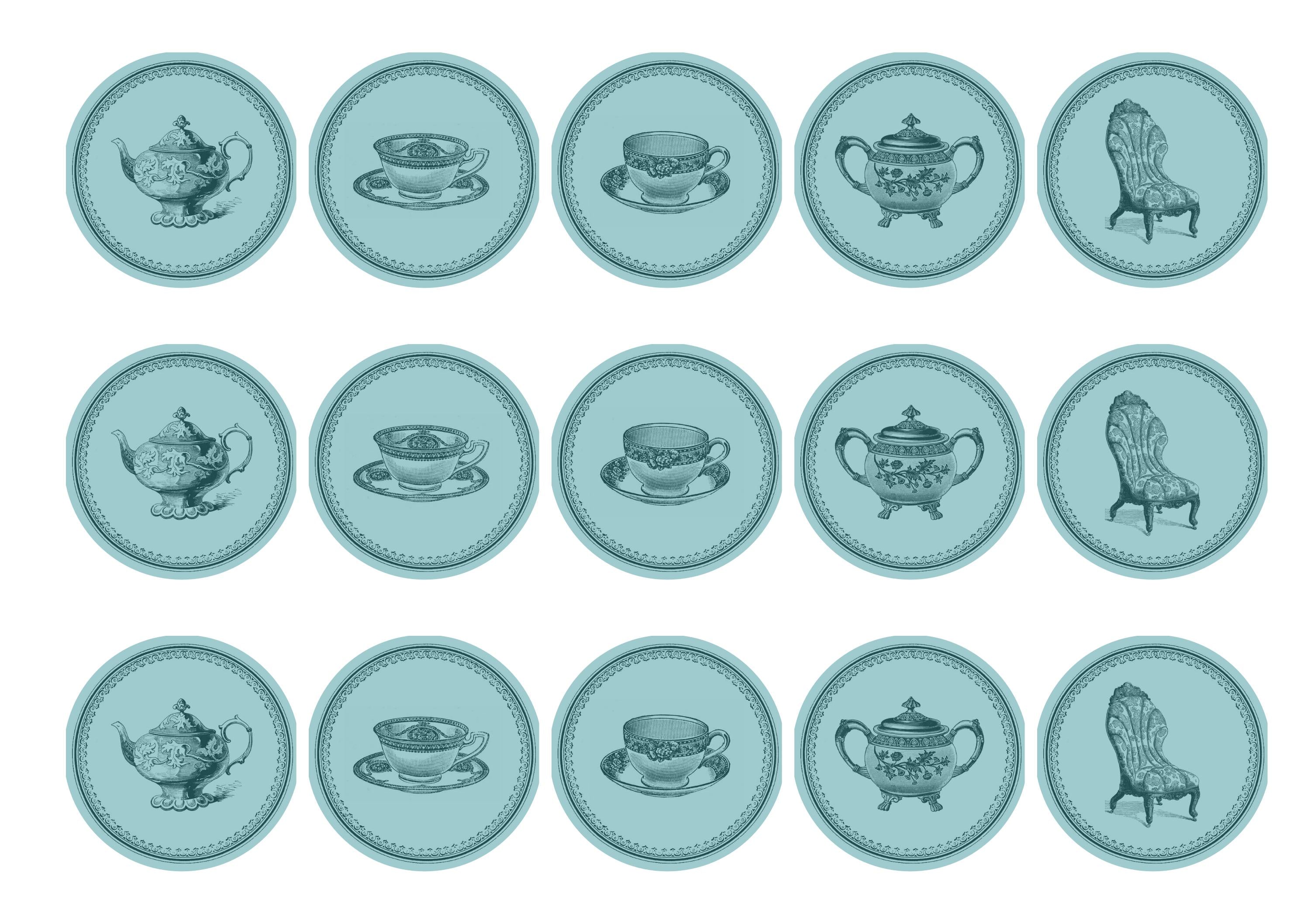15 printed cupcake toppers with blue teatime images
