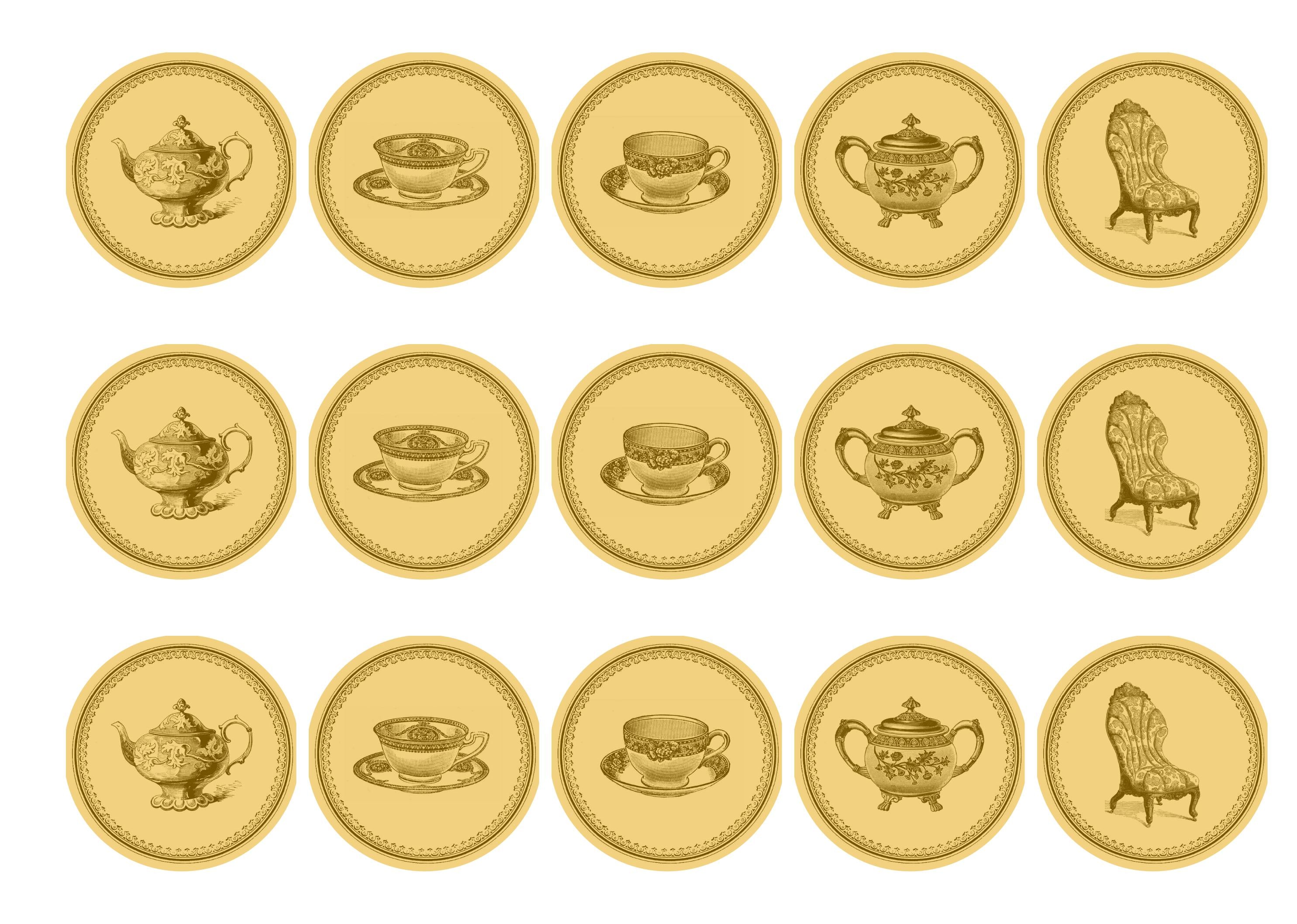 15 printed cupcake toppers with brown / yellow teatime images