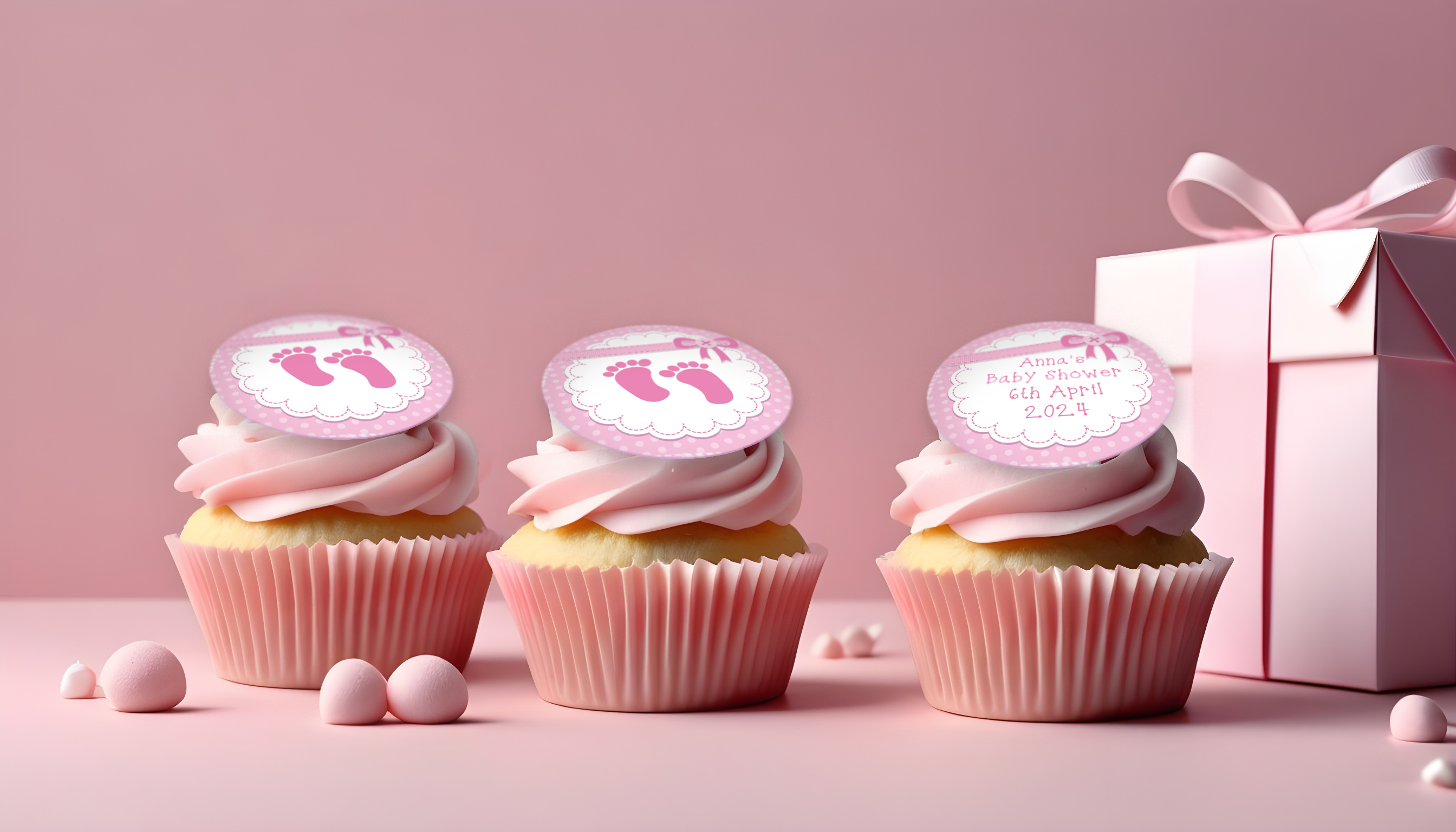 Baby Pink cupcakes with personalised baby shower cupcake toppers