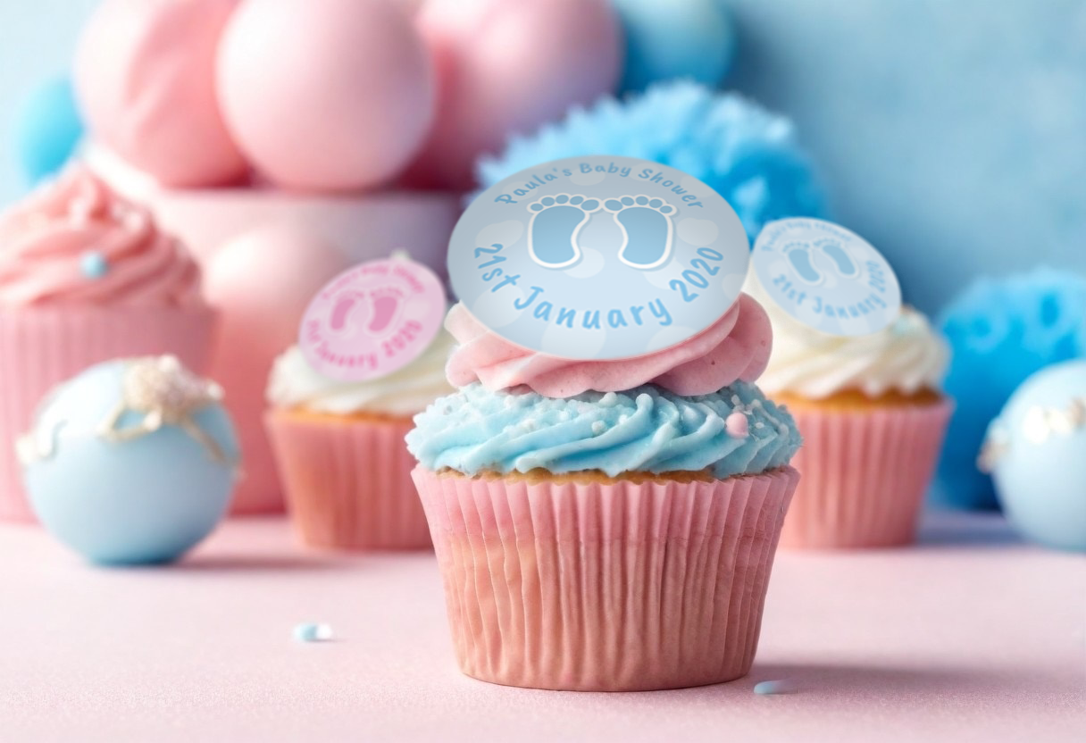 Pink and blue baby shower personalised cupcakes