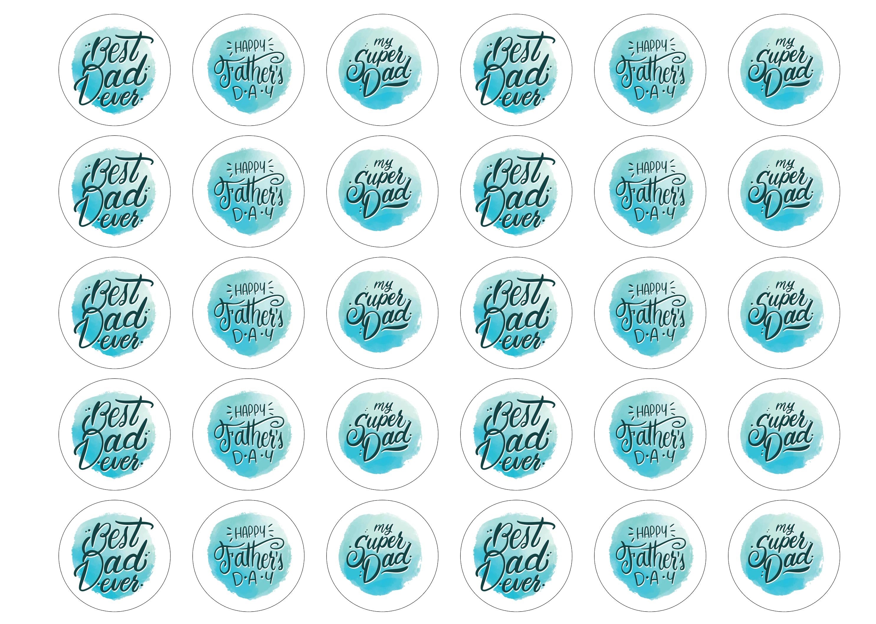 30 printed cupcake toppers in a blue design for Father's Day