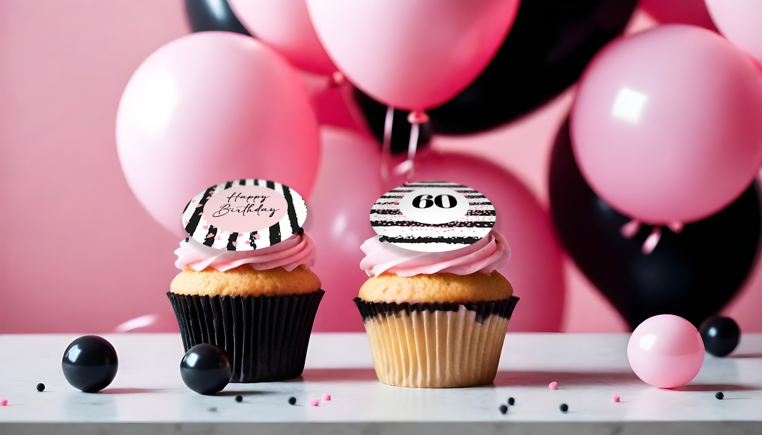 Personalised pink and black birthday cupcake toppers