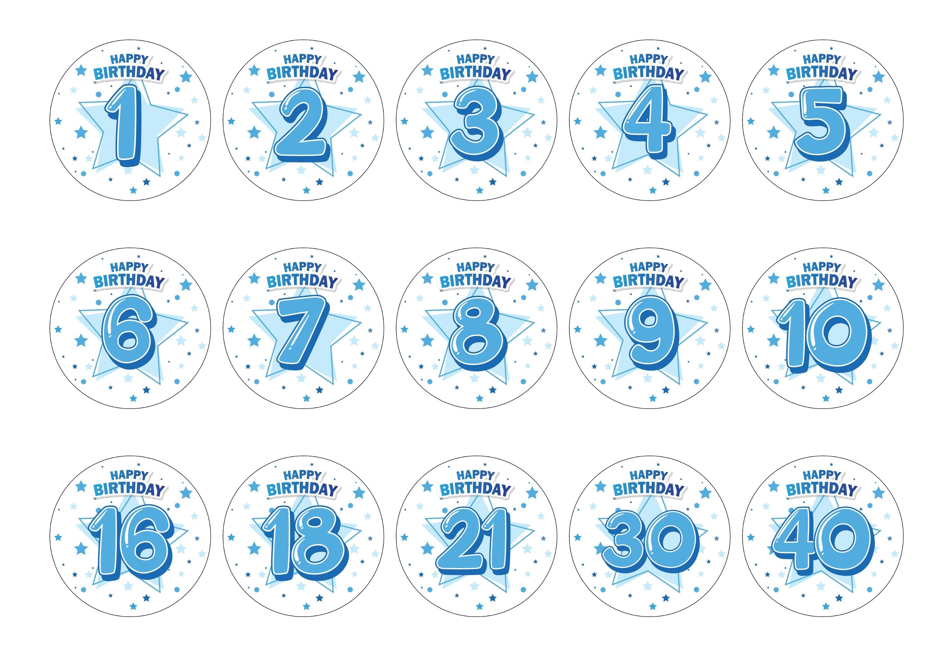 15 blue happy birthday cupcake toppers personalised with a number or age