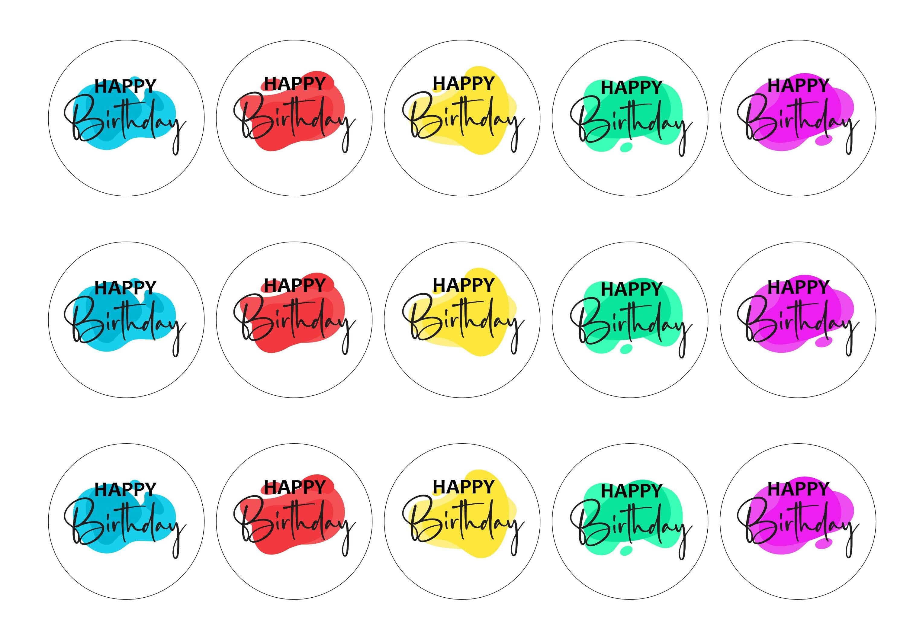 15 printed cupcake toppers with a colourful happy birthday message