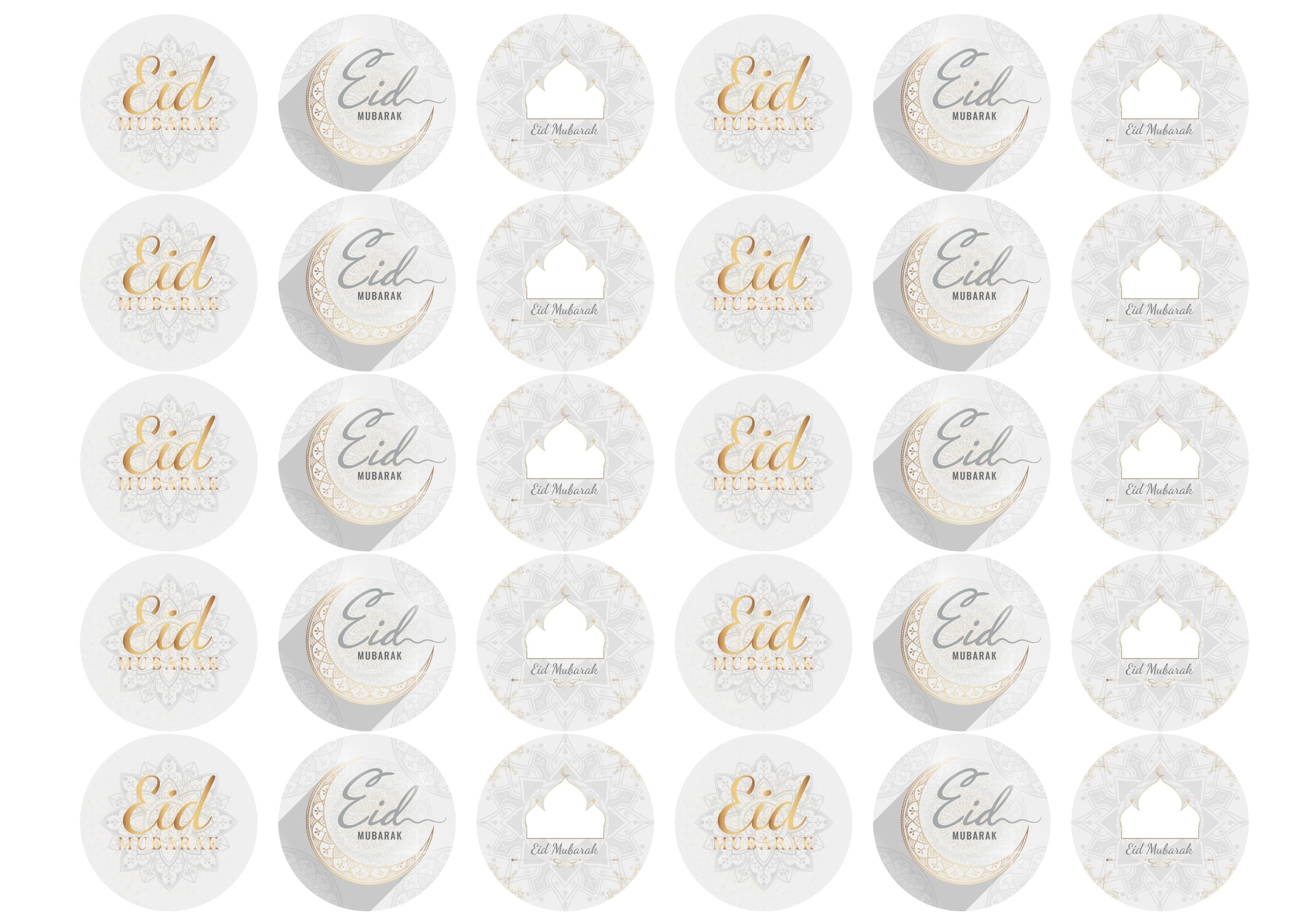 30 printed cupcake toppers with the message Eid Mubarak