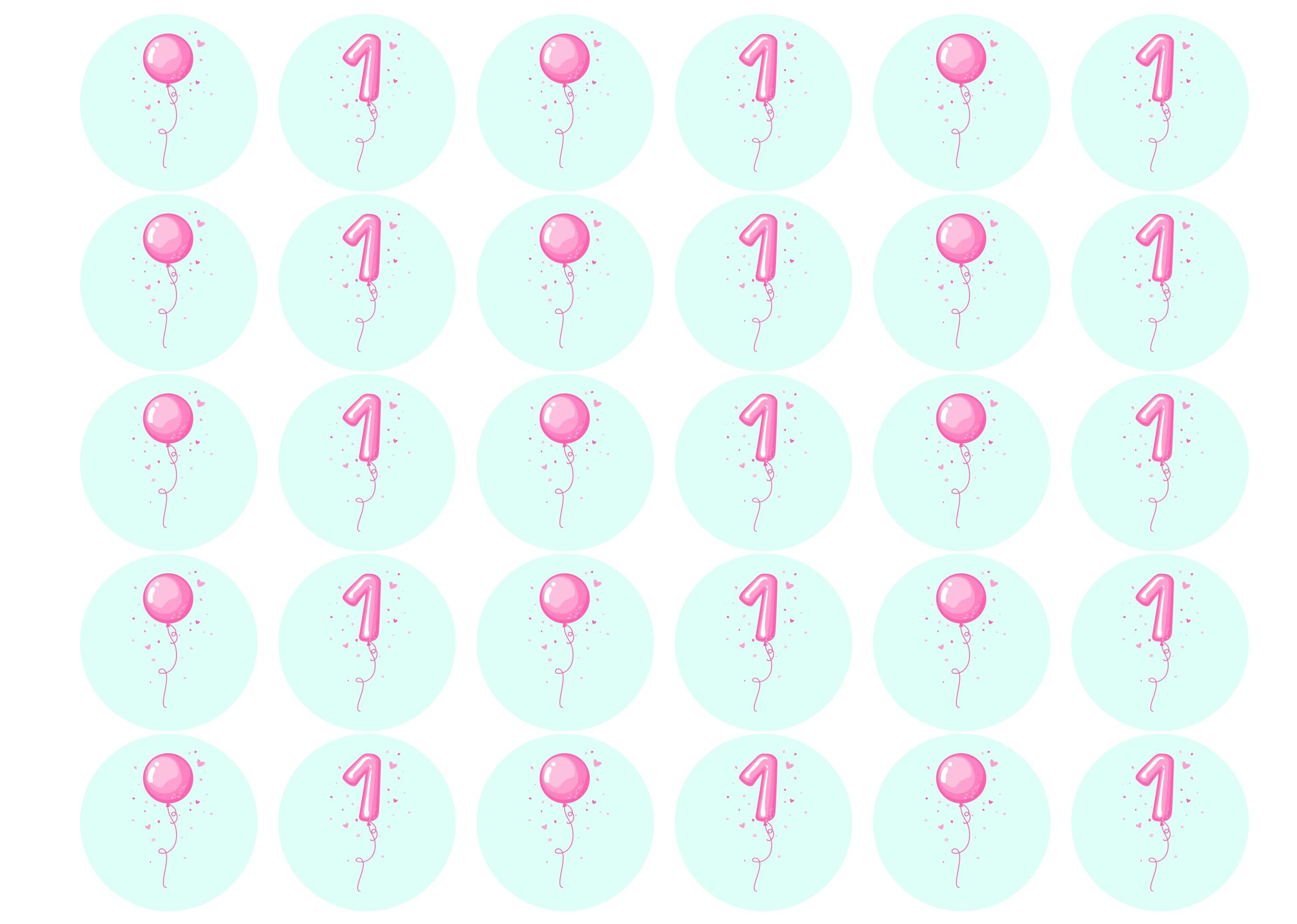 1st birthday cupcake toppers with a pink balloon design