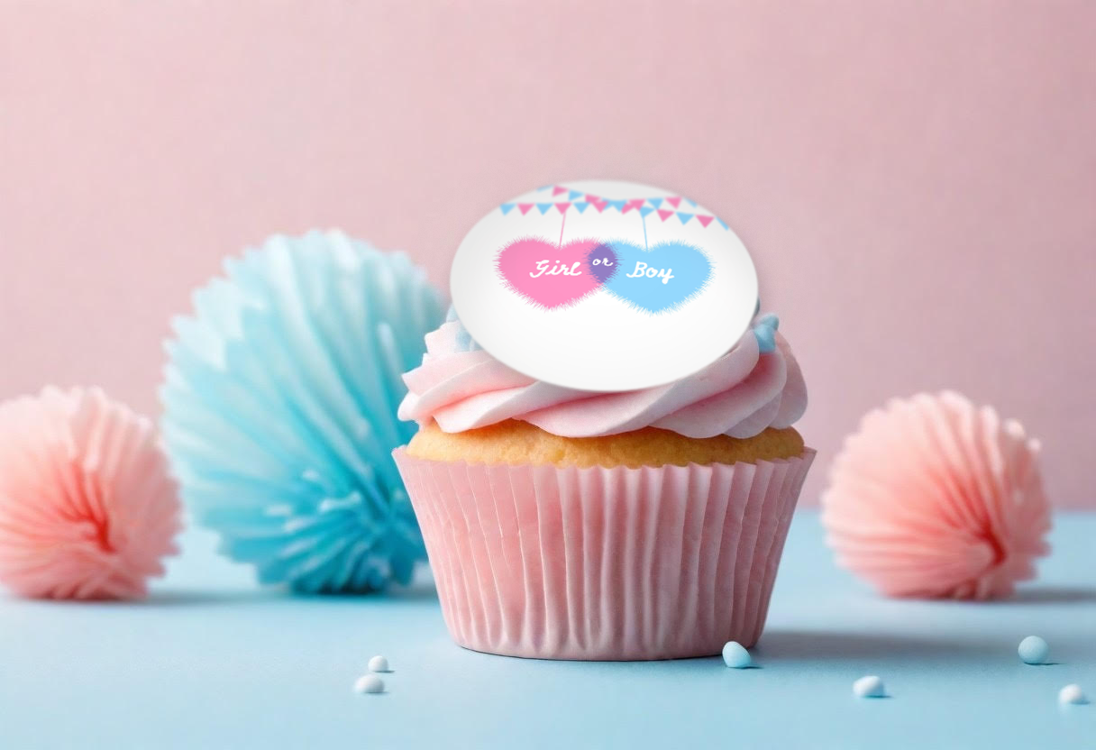 Girl or Boy baby shower cupcakes with a pink and blue cupcake topper
