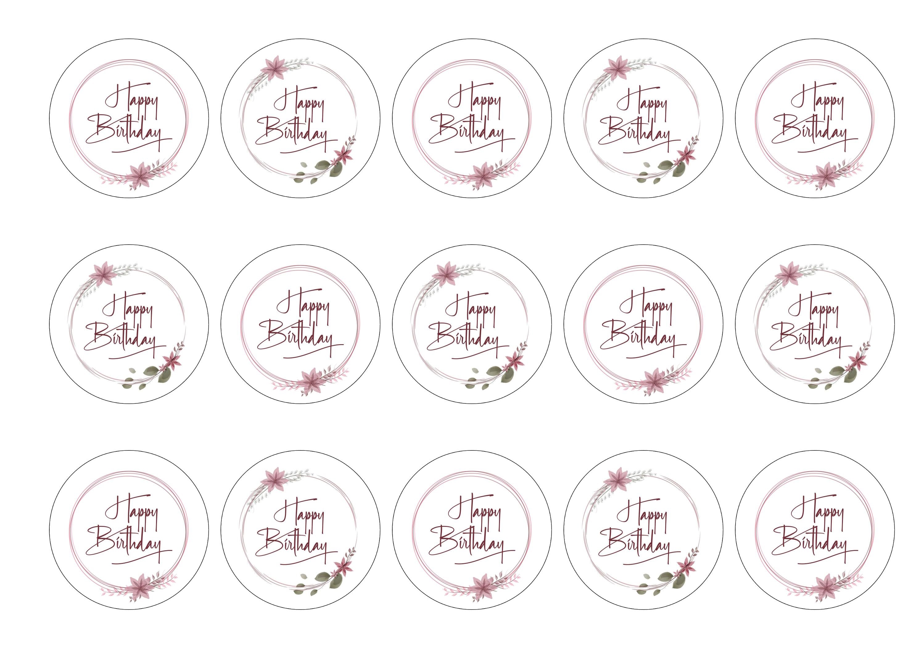 Dusky Pink floral Happy Birthday edible toppers