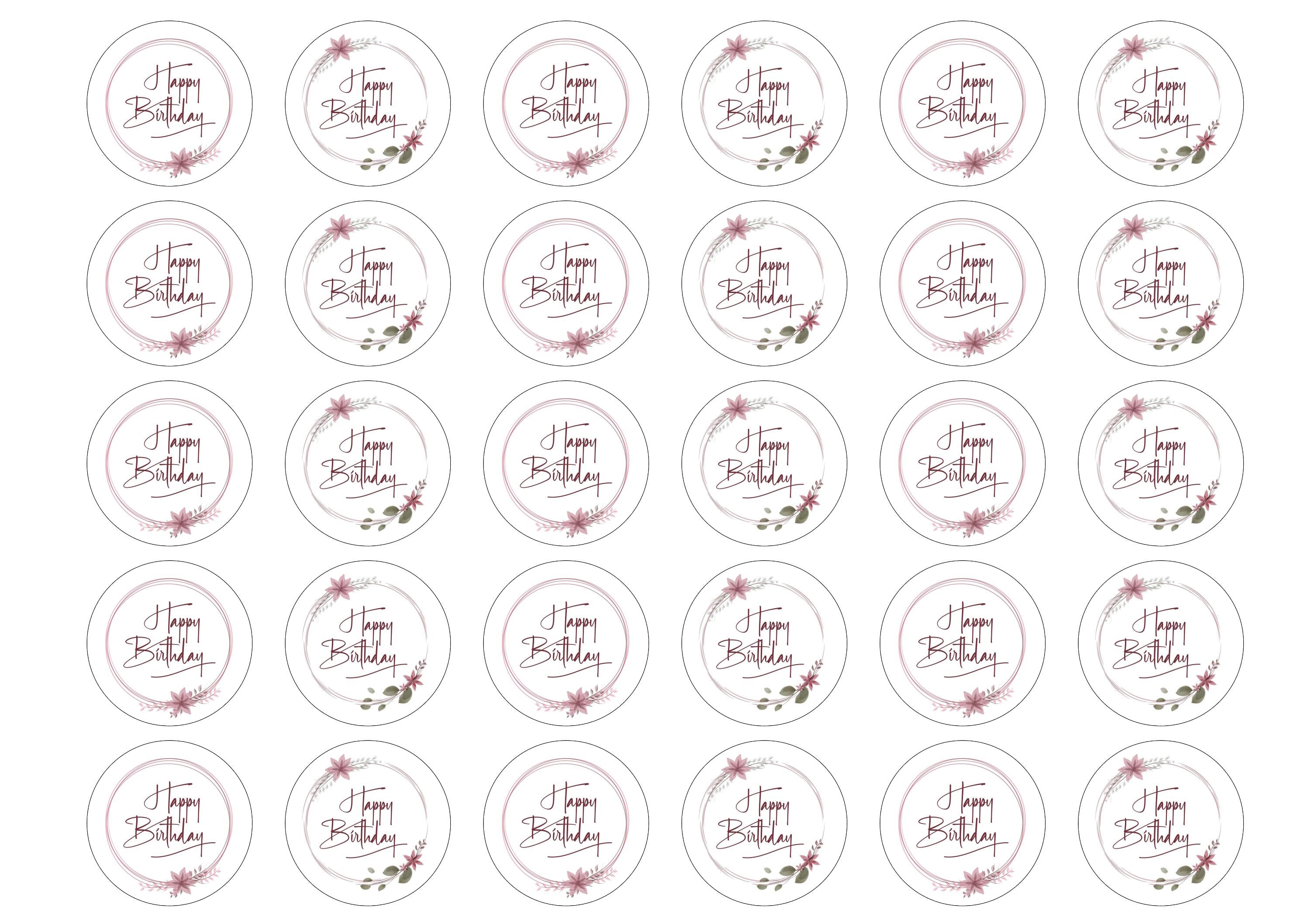 Dusky Pink floral Happy Birthday cupcake toppers