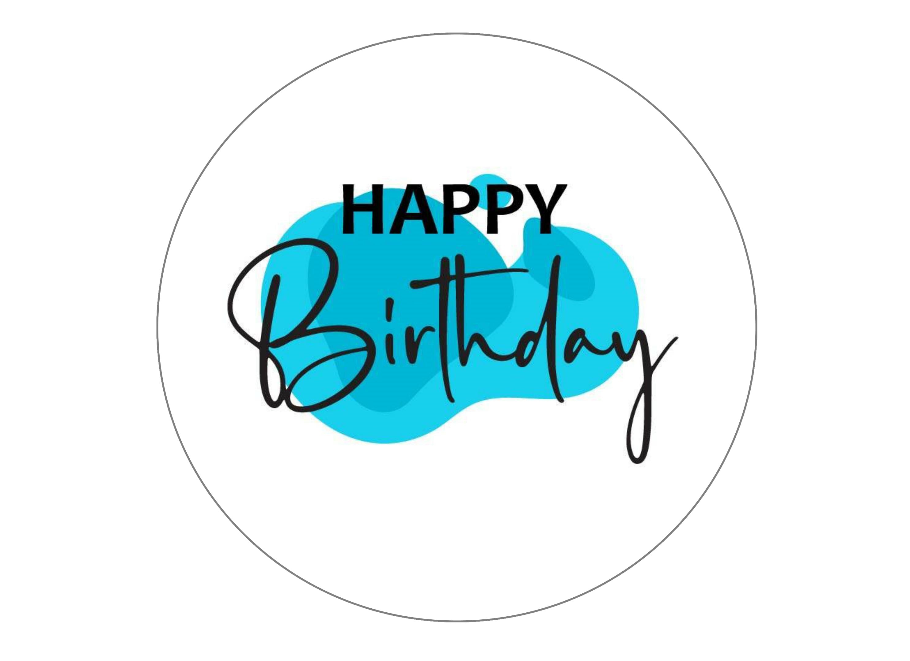 Round 190mm printed cake topper with a blue happy birthday design