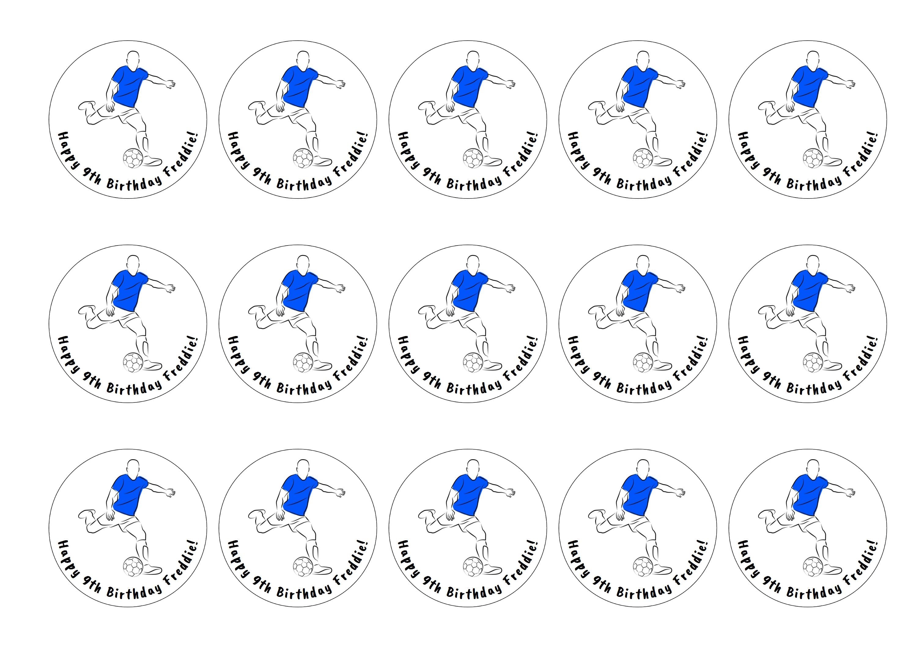 15 printed cupcake toppers with a blue football design with personalised message