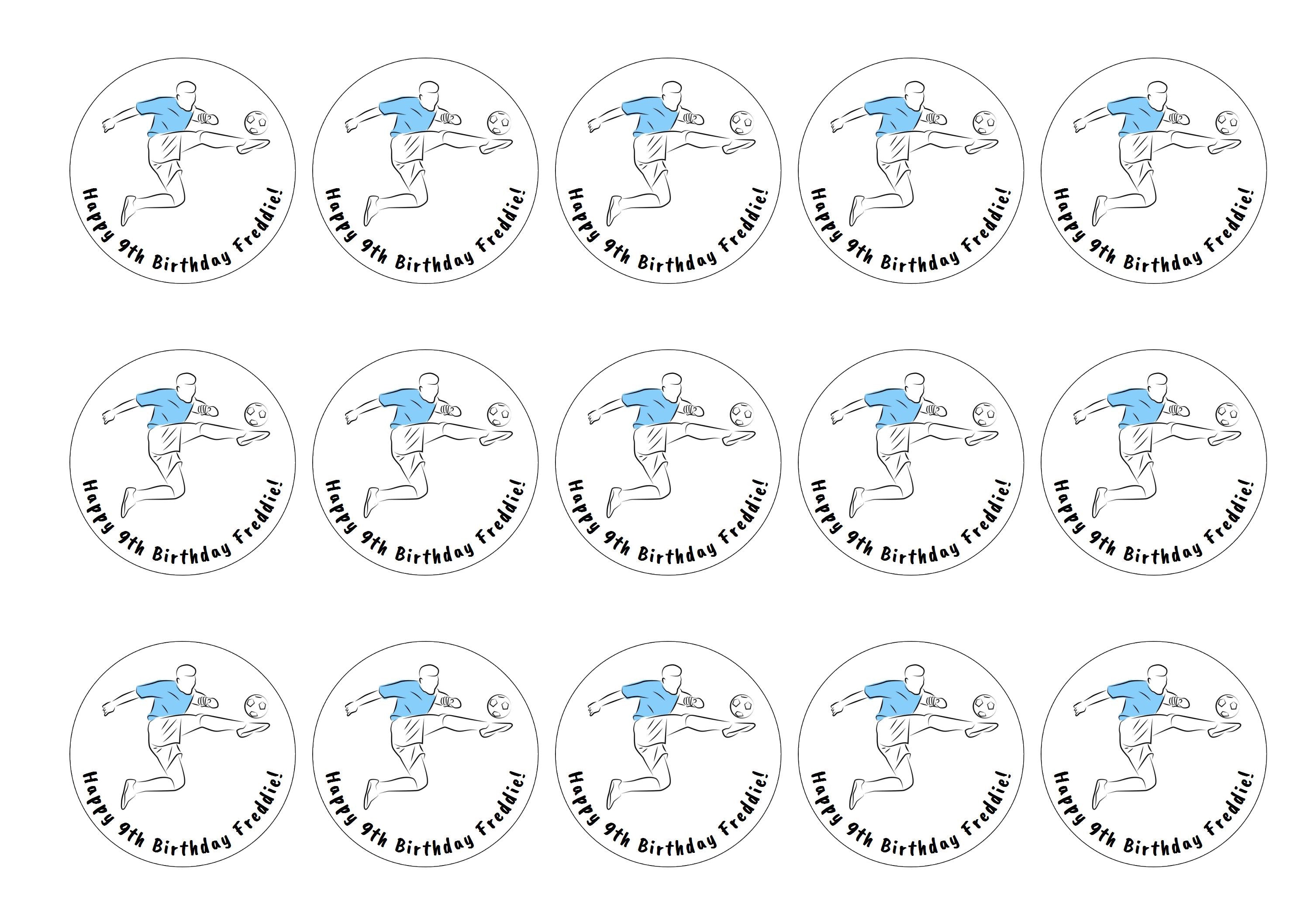 15 edible cupcake toppers with a light blue football design with personalised message