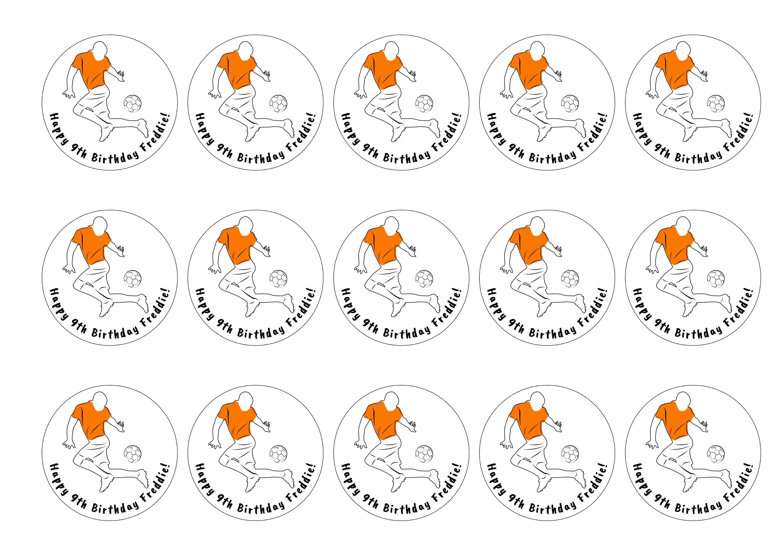 15 printed cupcake toppers with a orange football design with personalised birthday message