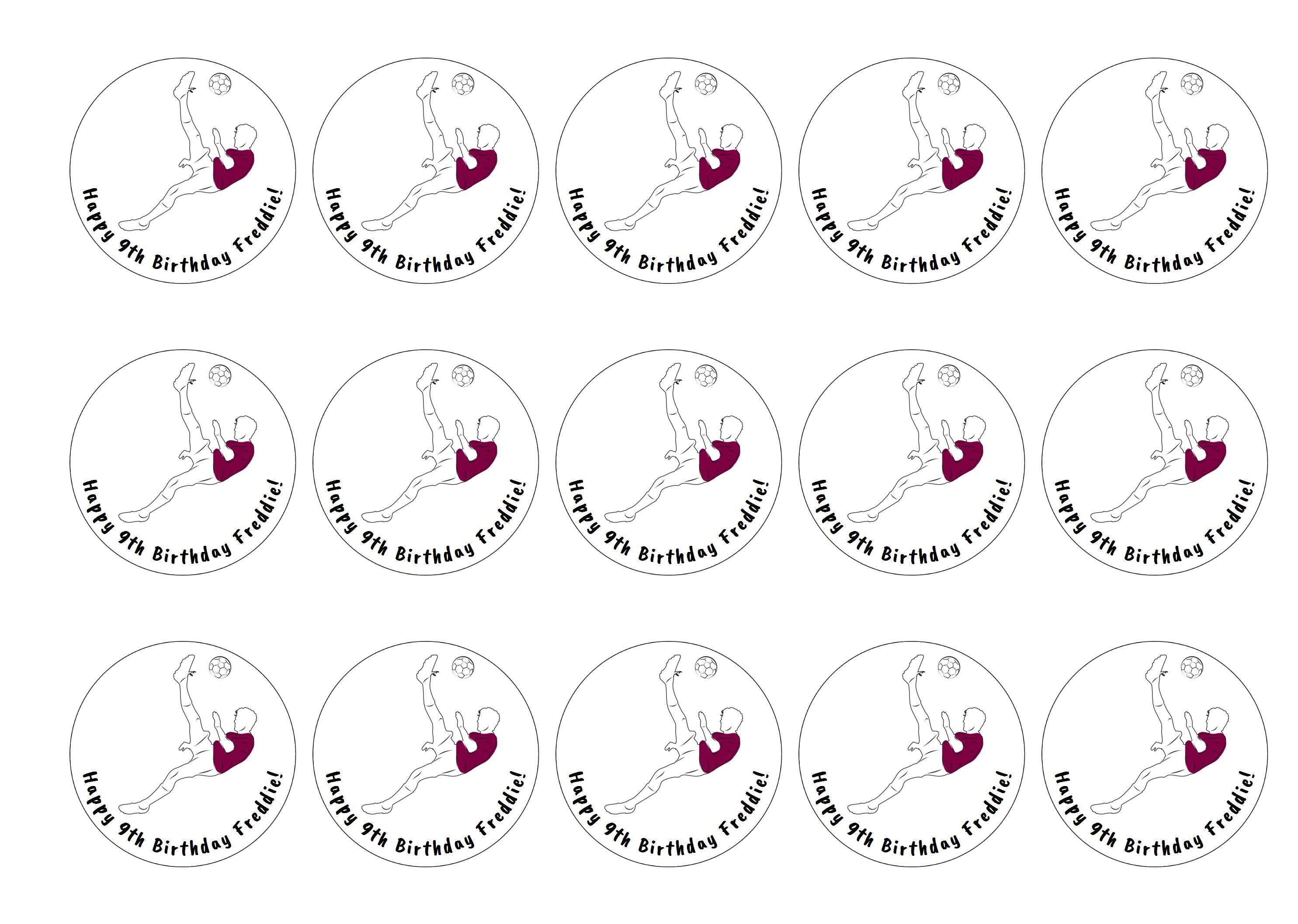 15 printed cupcake toppers with a purple football design with name and age birthday greeting