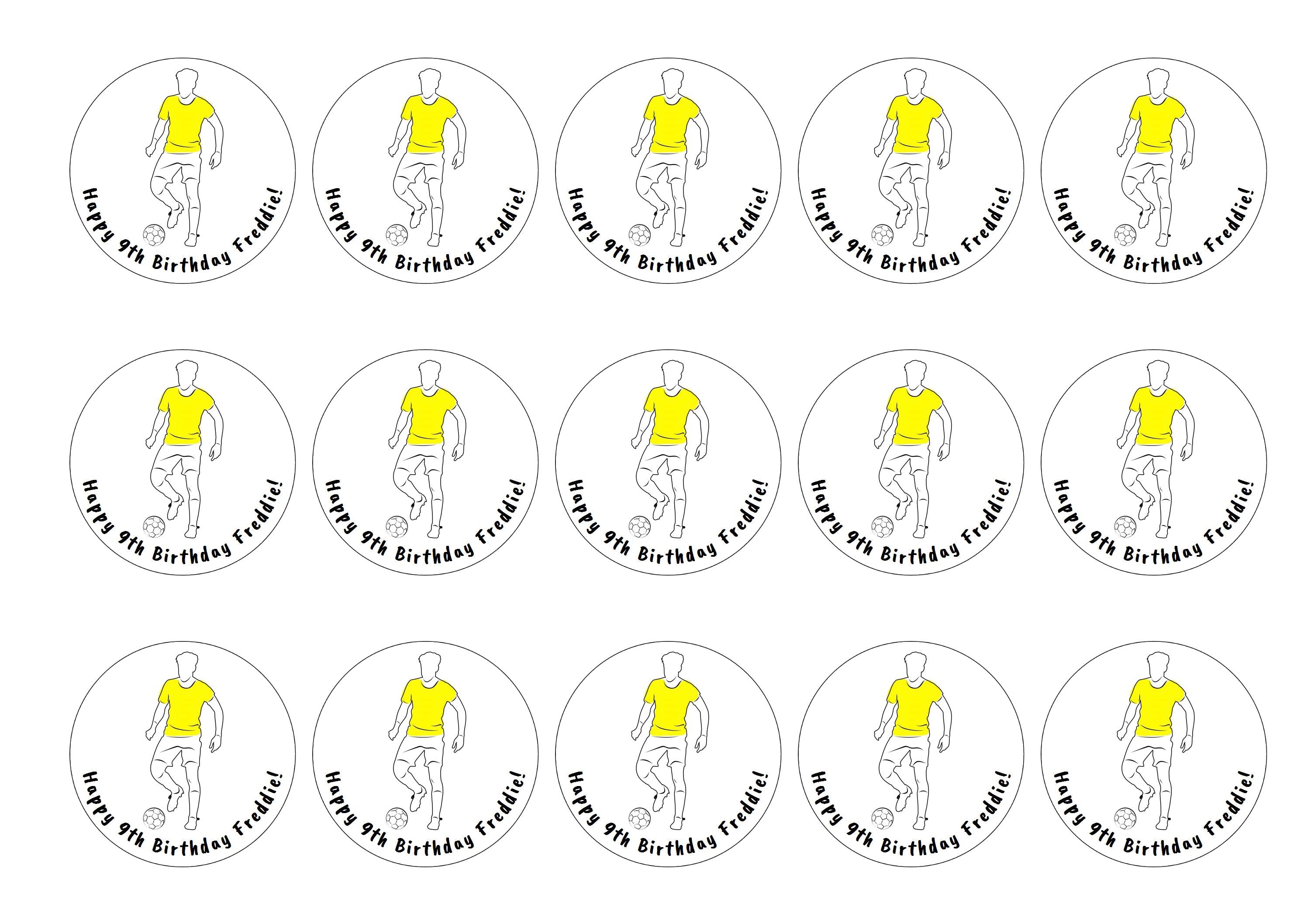 Personalised birthday message cupcake toppers with a yellow football player design