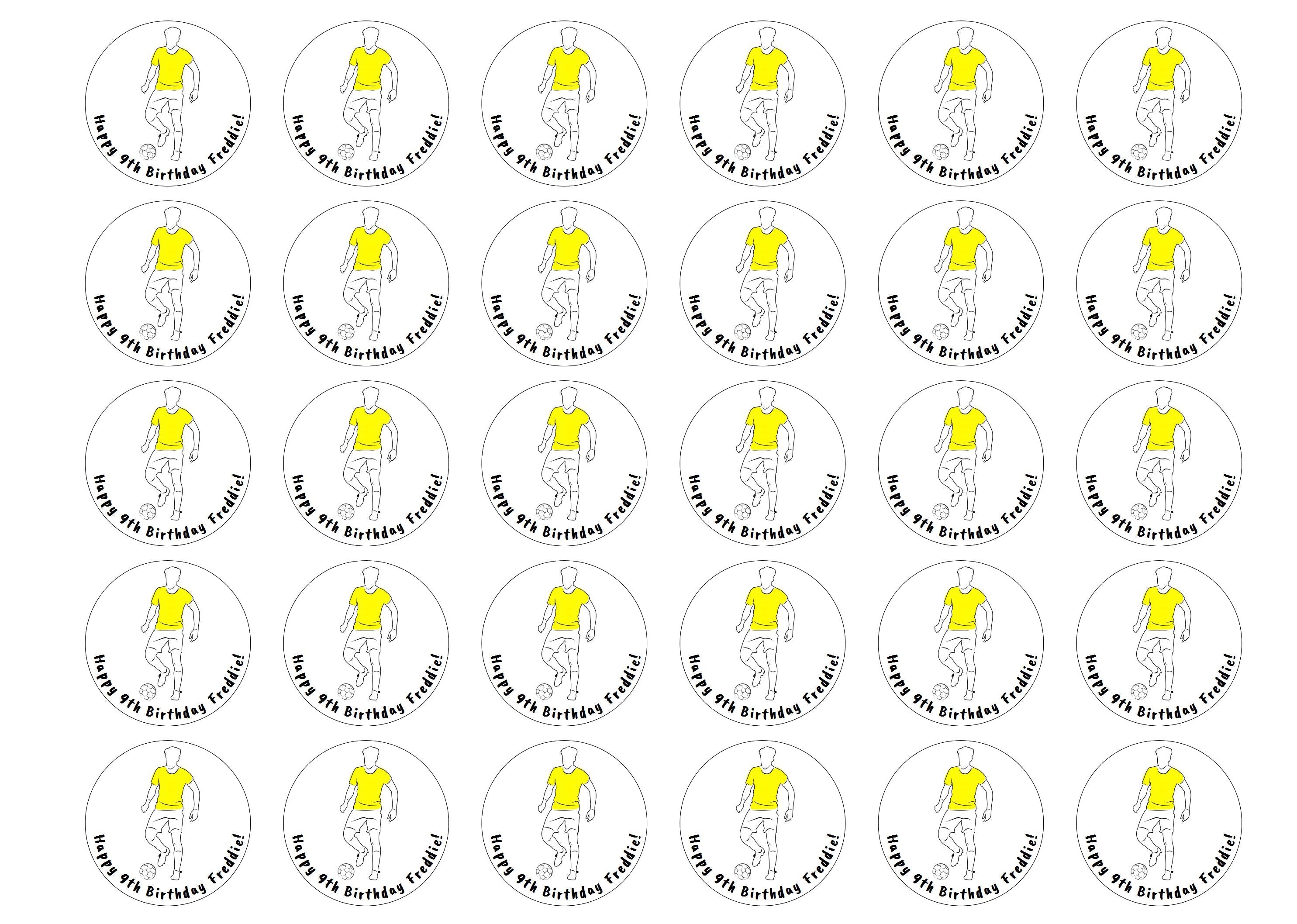 30 printed cupcake or pie toppers personalised with a birthday message with a football theme