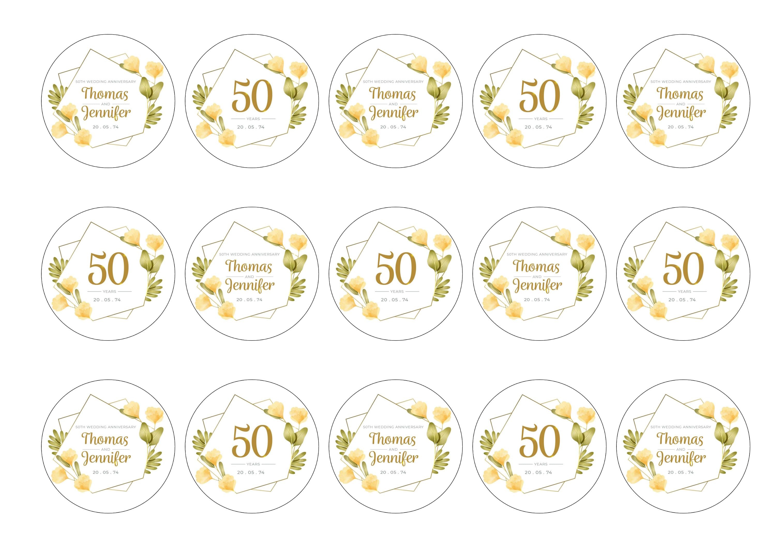 15 peronalised cupcake toppers with a floral border to celebrate a 50th wedding anniversary