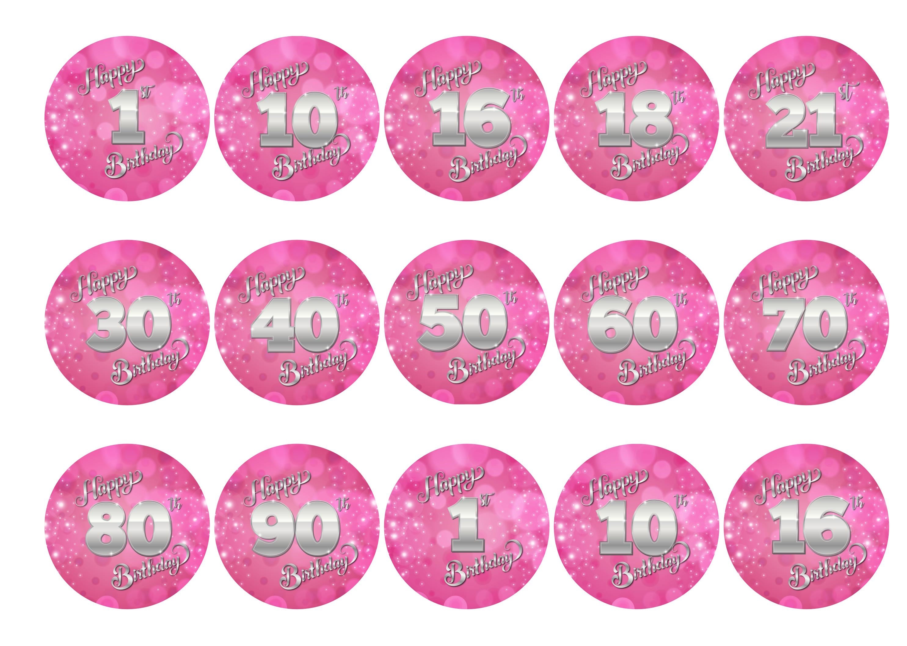 Pink Happy Birthday age cupcake toppers