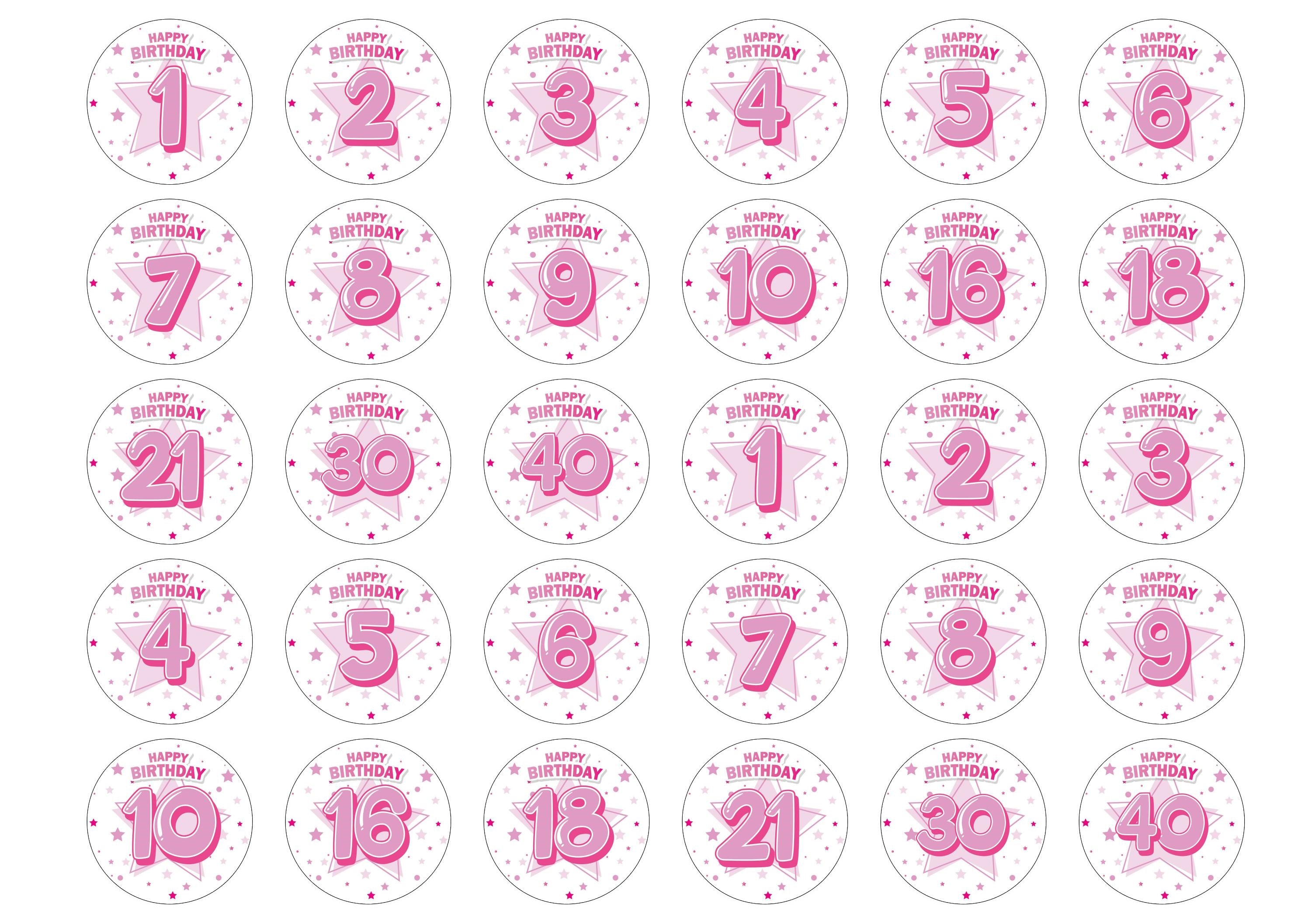 Pink birthday printed cupcake toppers personalised with an age