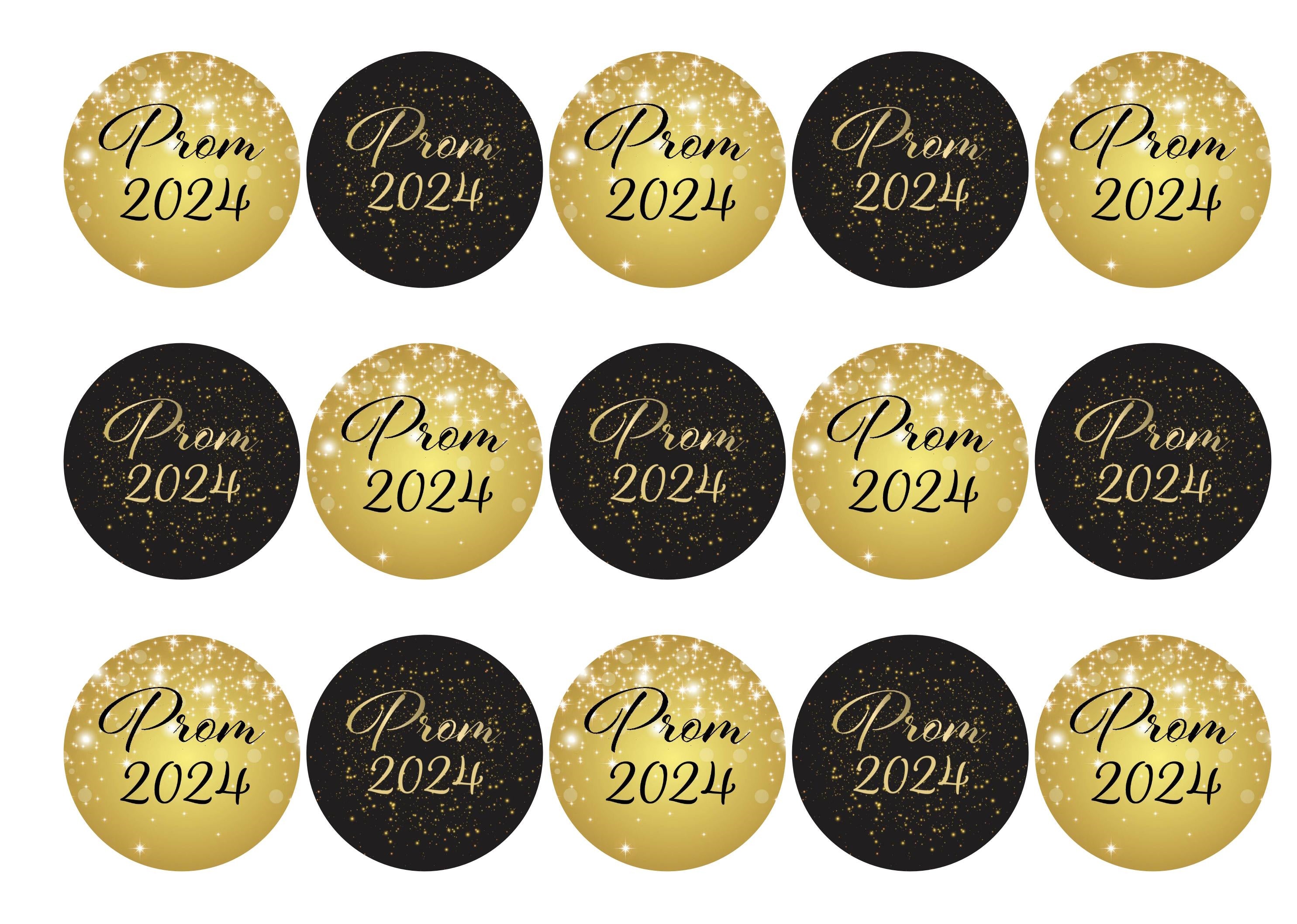 15 printed cupcake toppers with gold and black Prom 2024 theme