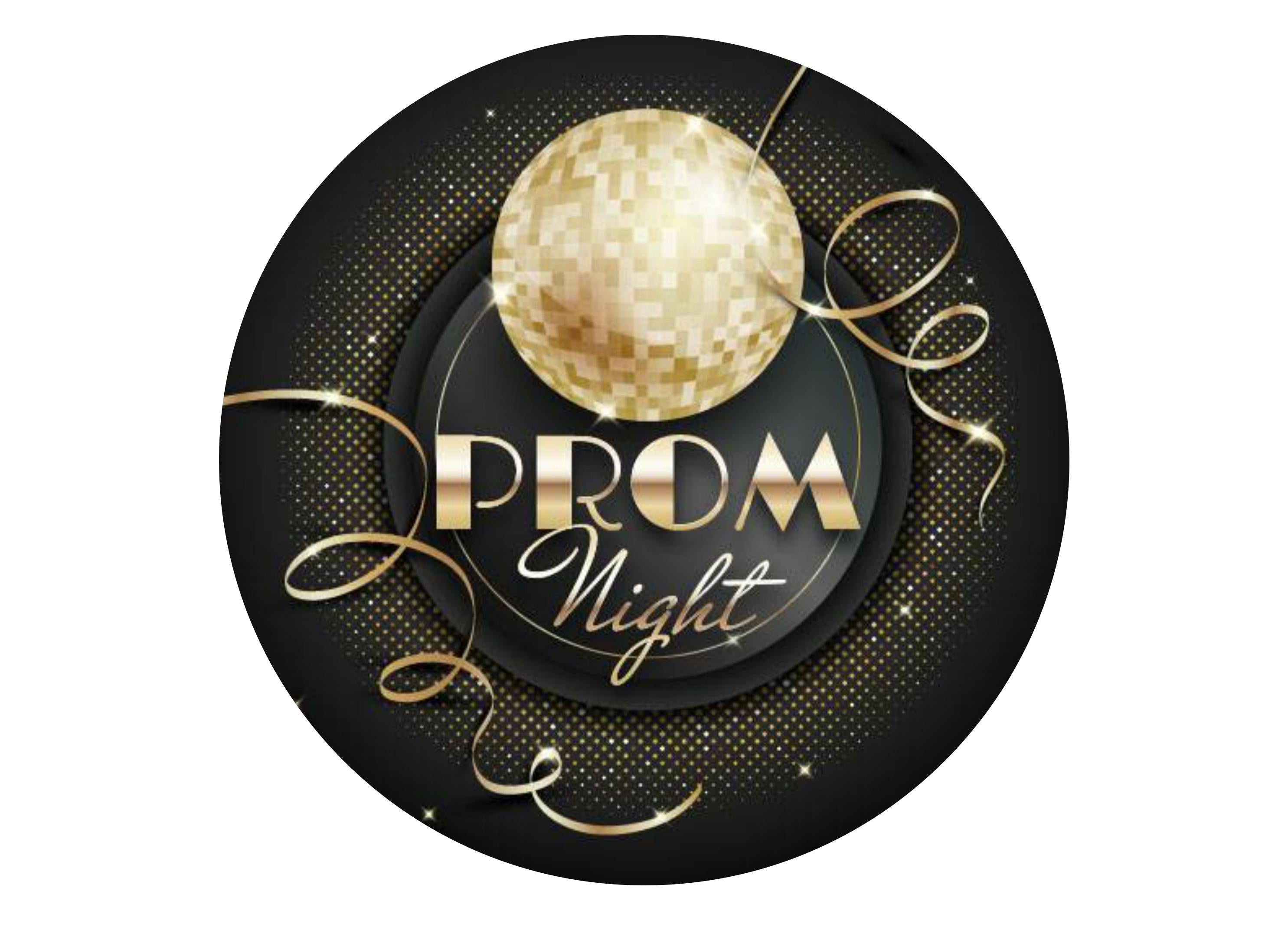 large Prom night cake topper in black and gold with glitter ball