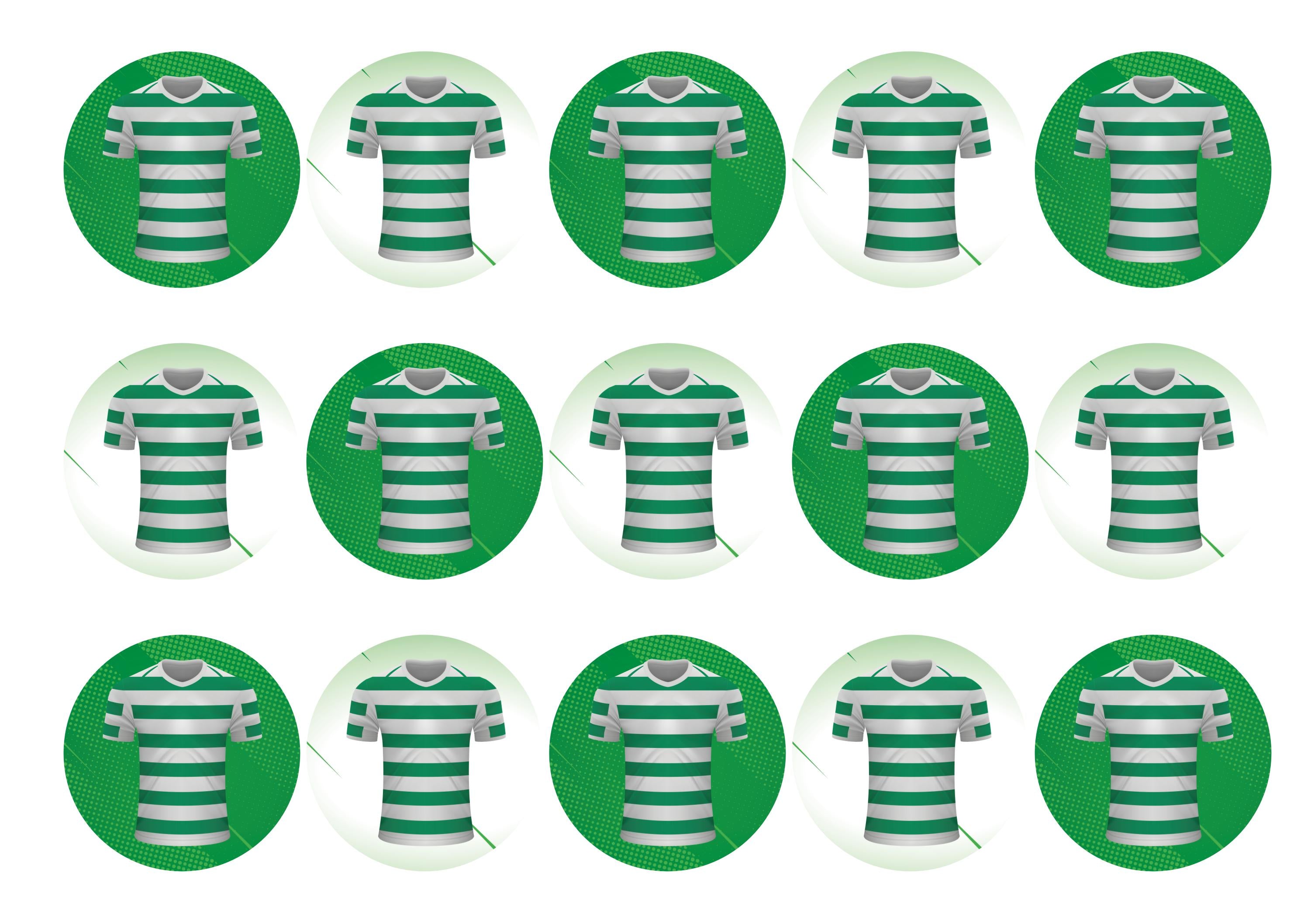 15 printed Celtic FC cupcake toppers with images of football shirts