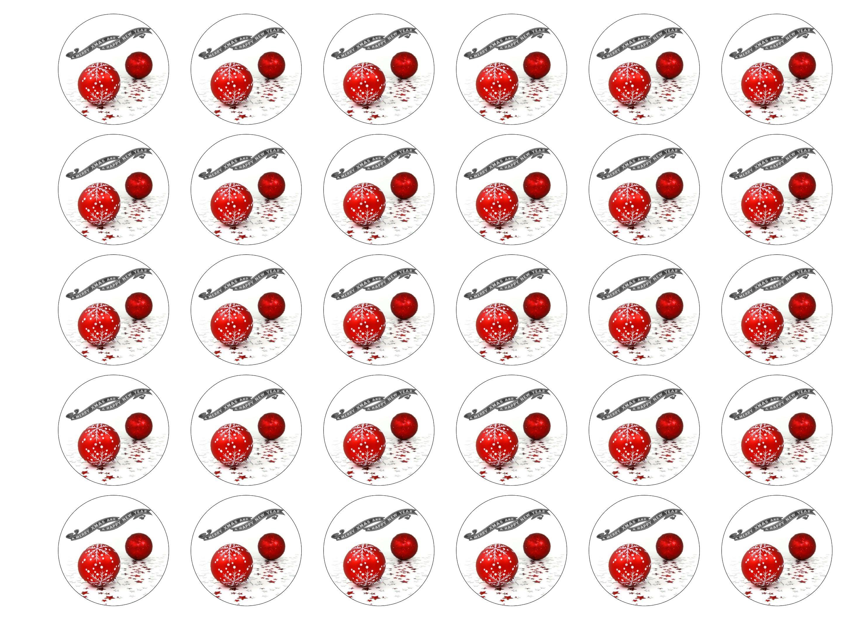 30 edible cupcake toppers with a Christmas Baubles image