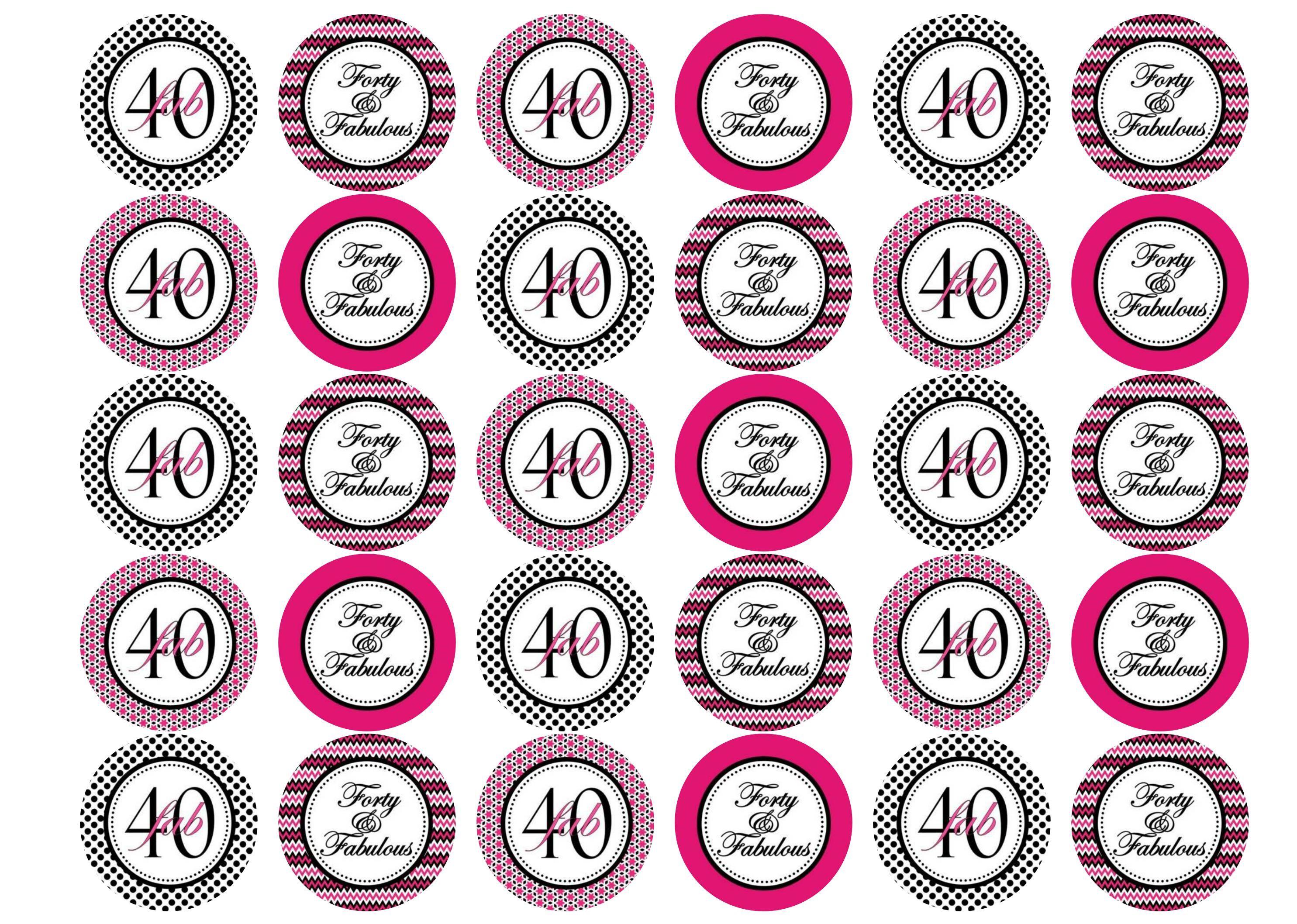 30 printed pink and black cupcake toppers for a fortieth birthday