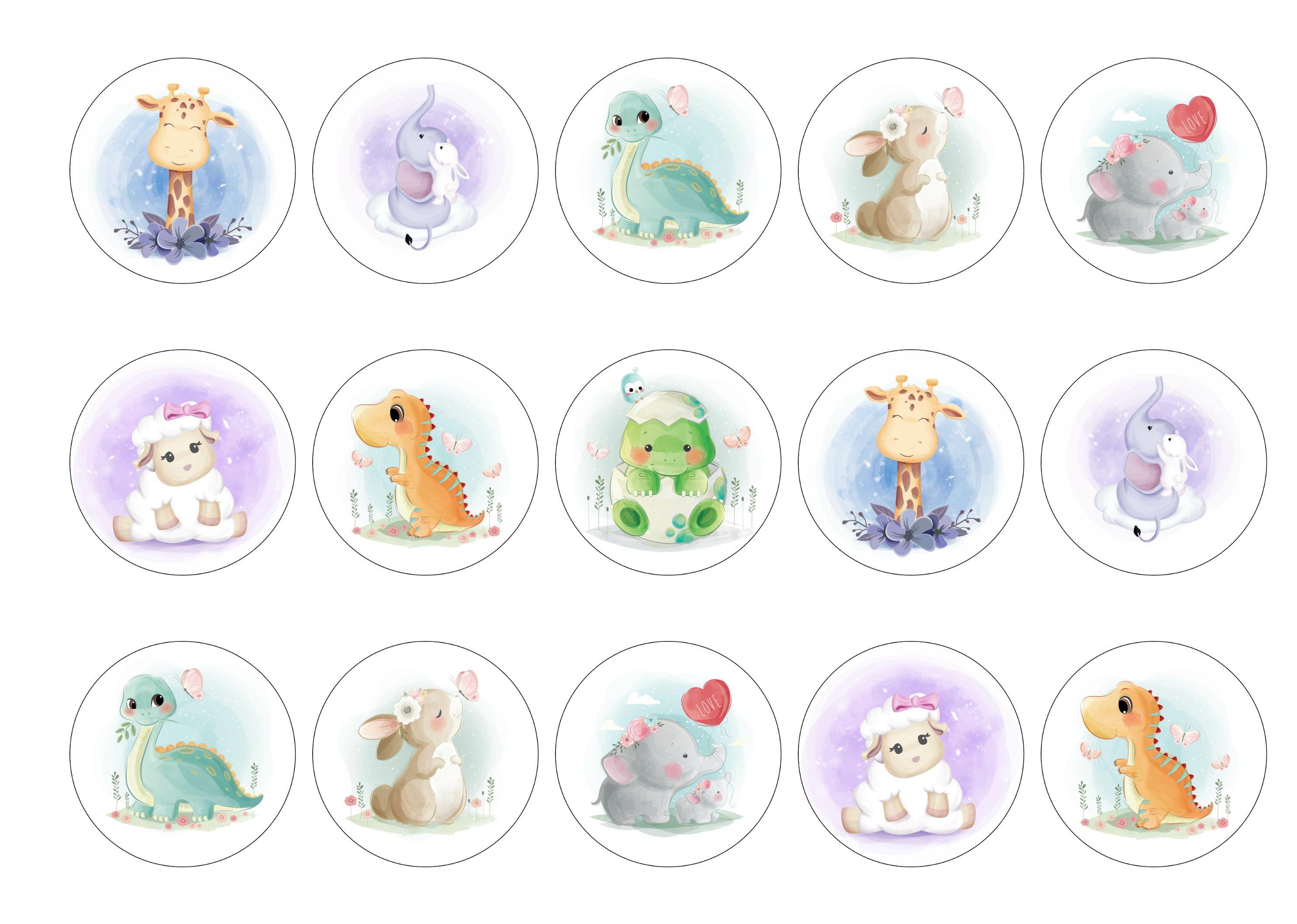 15 cupcake toppers with various baby animal images