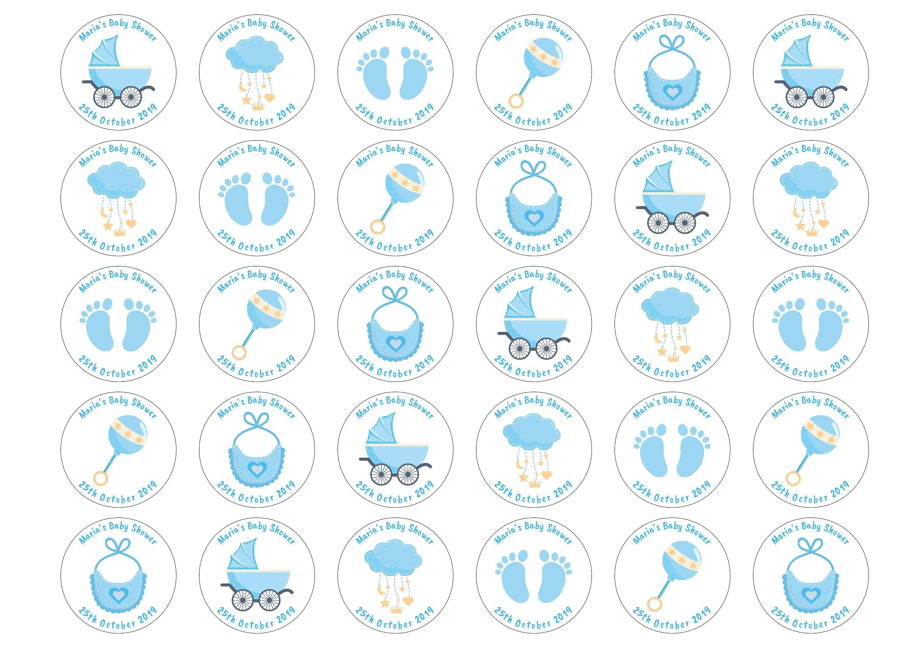 30 edible baby shower toppers with baby blue images