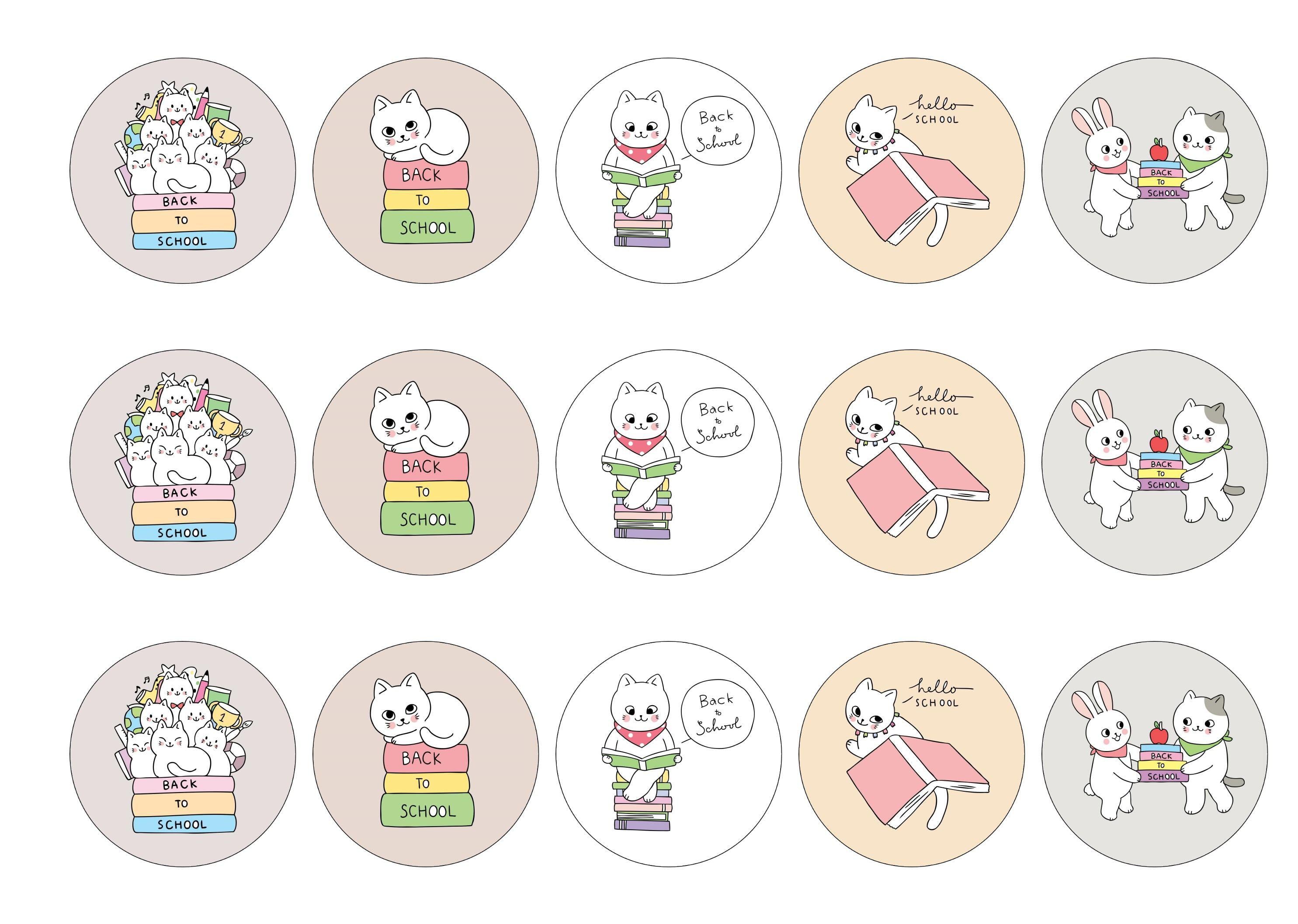 15 printed cupcake toppers with back to school cat illustrations