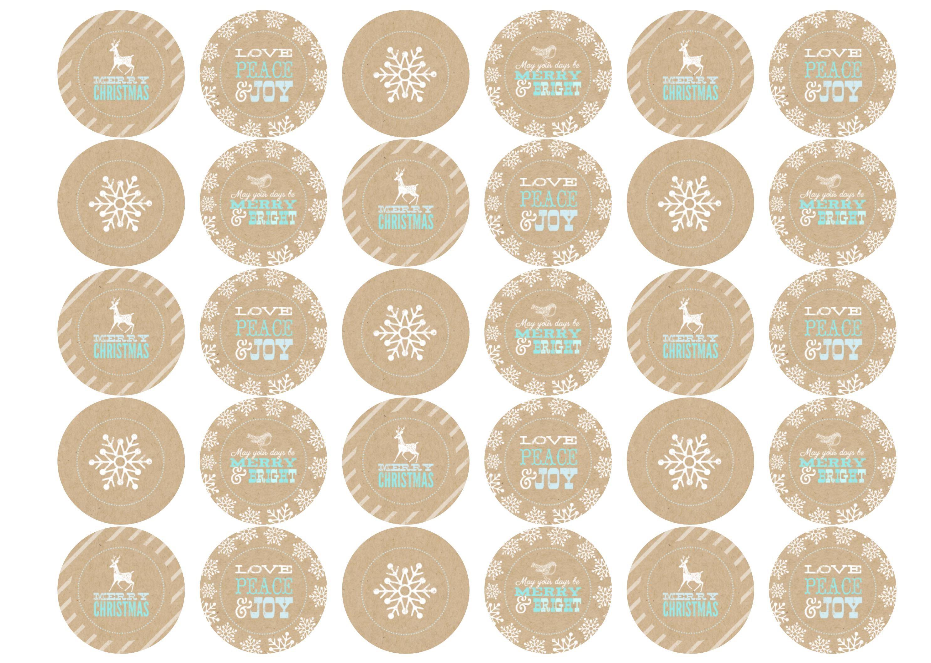 Printed cupcake toppers featuring Christmas designs in beige, white and blue