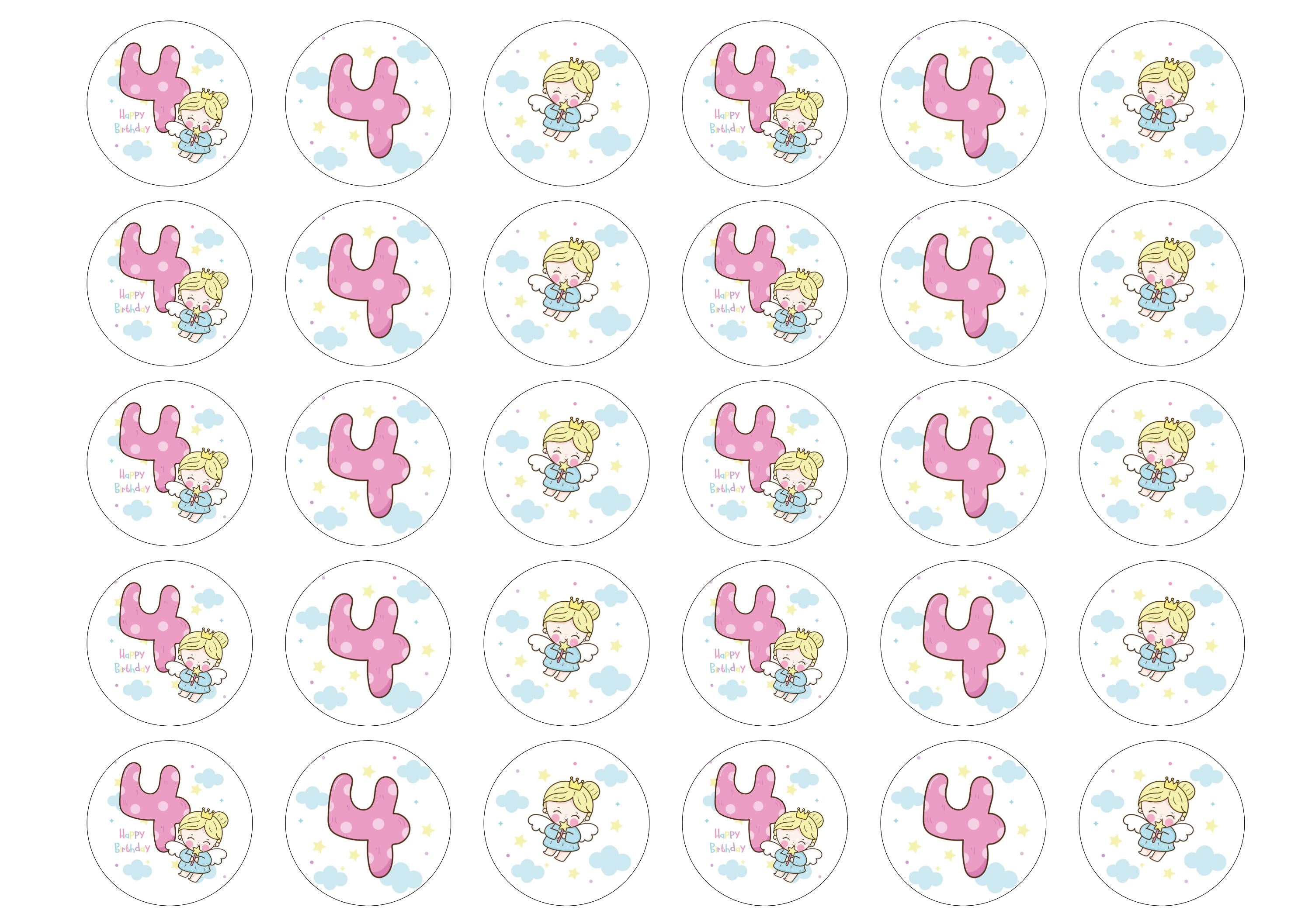 30 printed cupcake toppers with an angel design for a 4th birthday