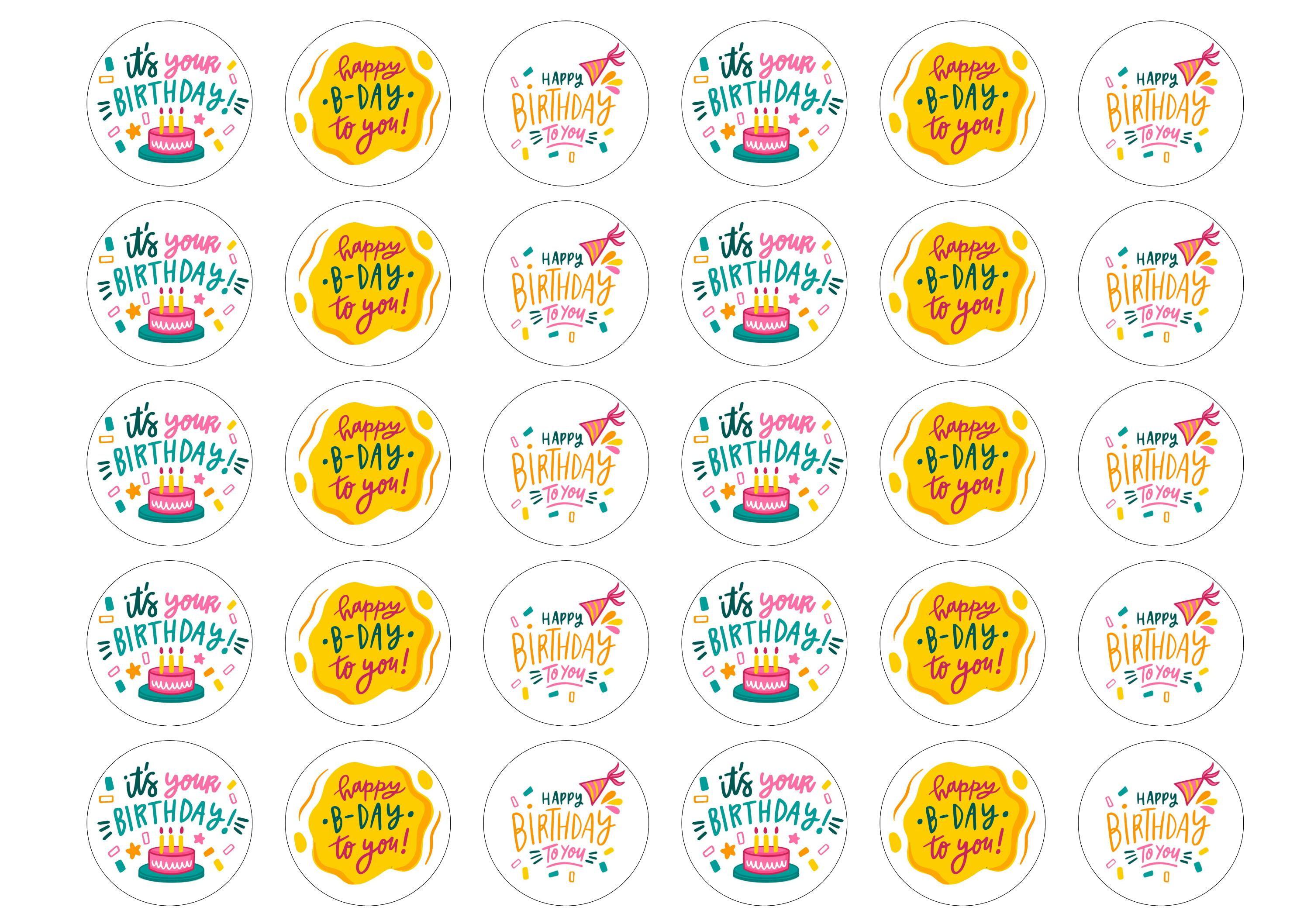 30 edible cupcake toppers with mixed birthday Greetings