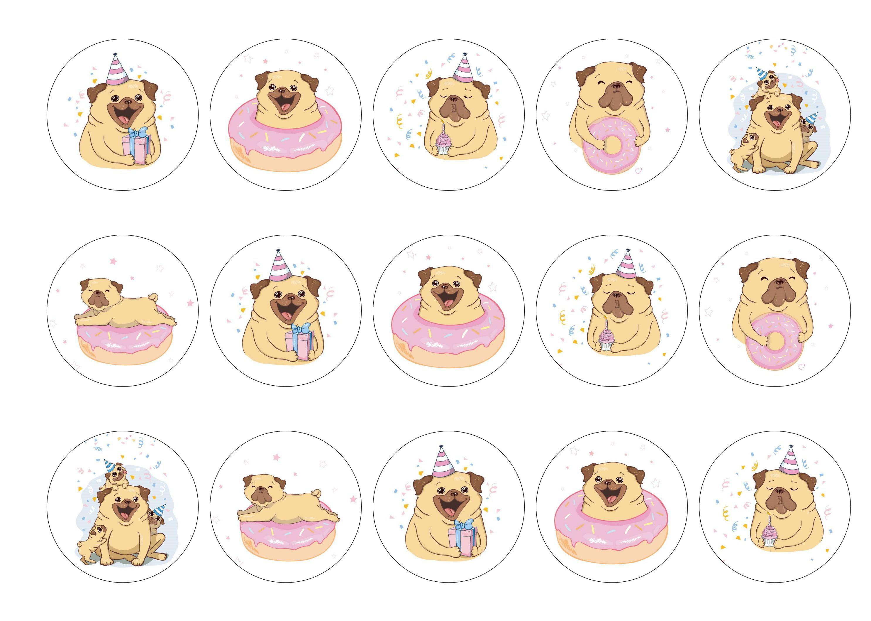 15 cupcake toppers with birthday pug designs