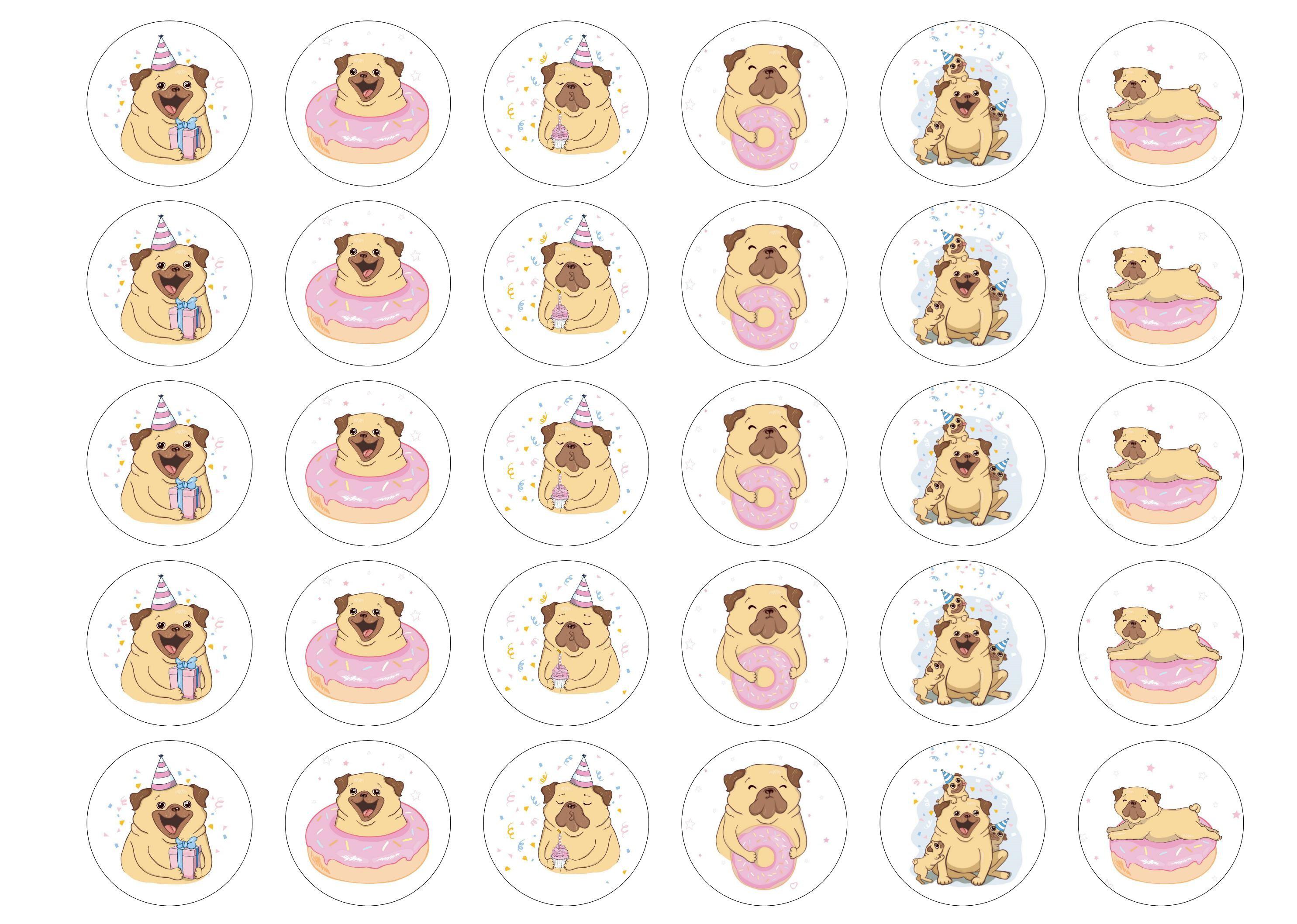 30 edible cupcake toppers printed with birthday pugs