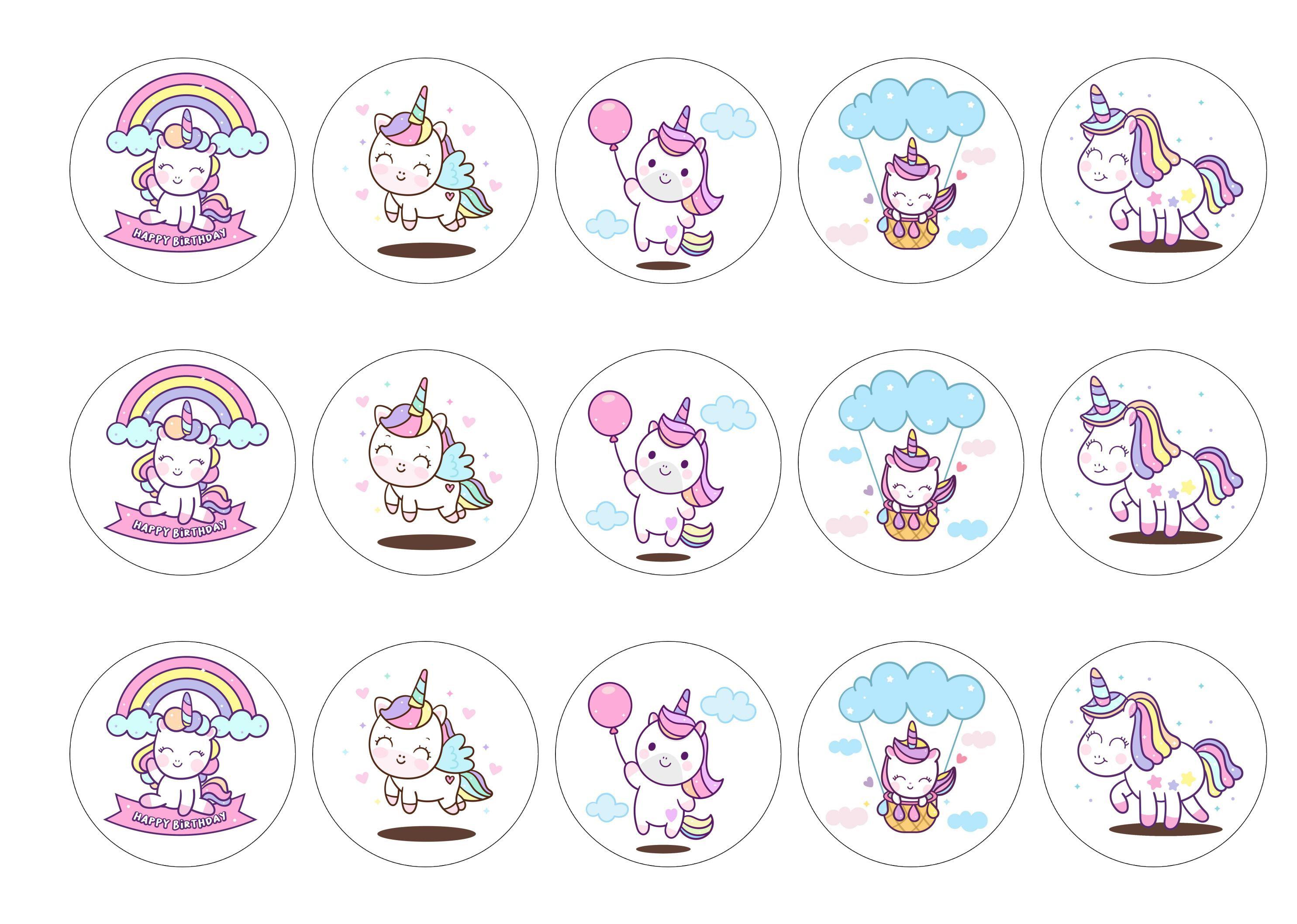 15 printed cupcake toppers with rainbow birthday unicorns