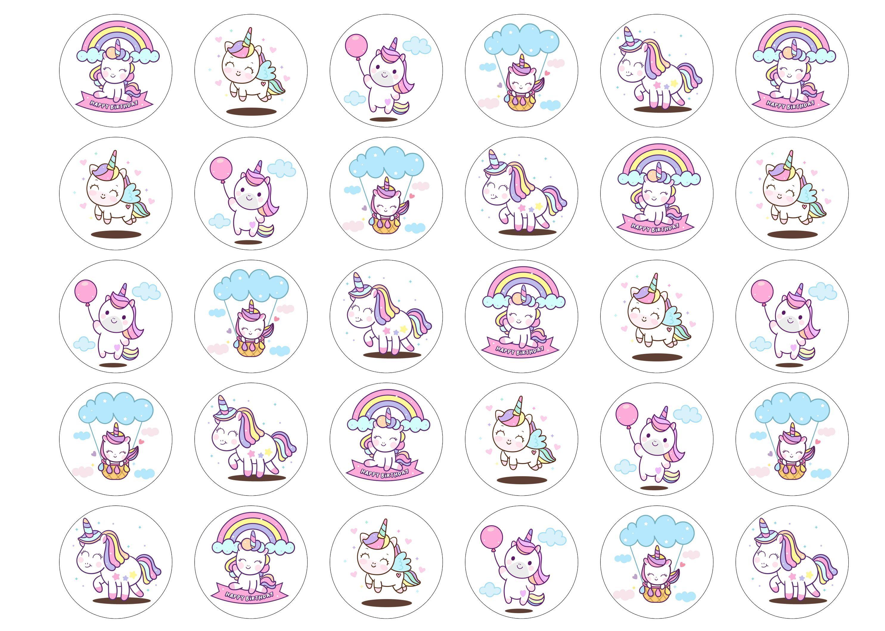 30 edible cupcake toppers with rainbow birthday unicorns