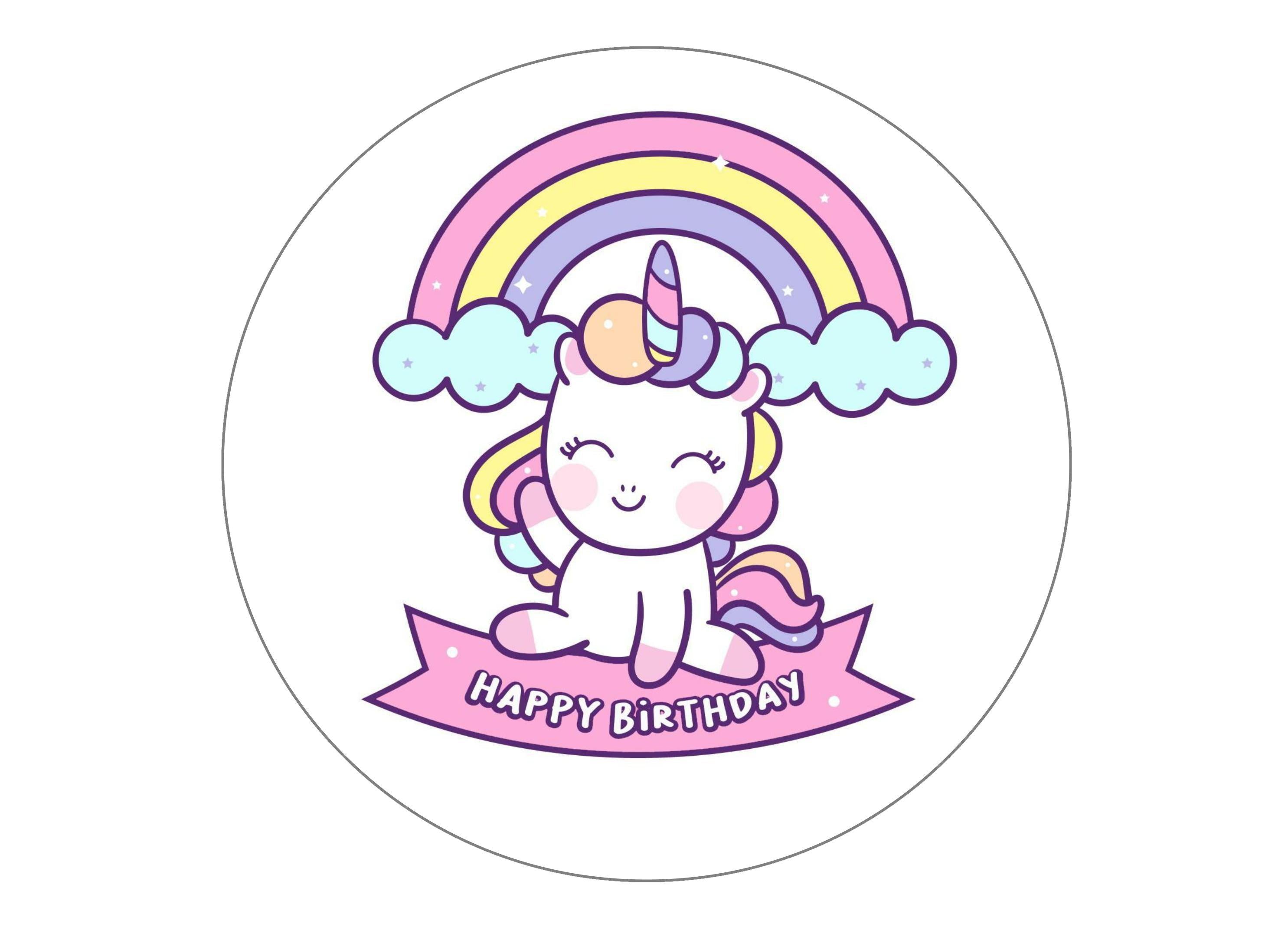 Large round cake topper with rainbow birthday unicorns