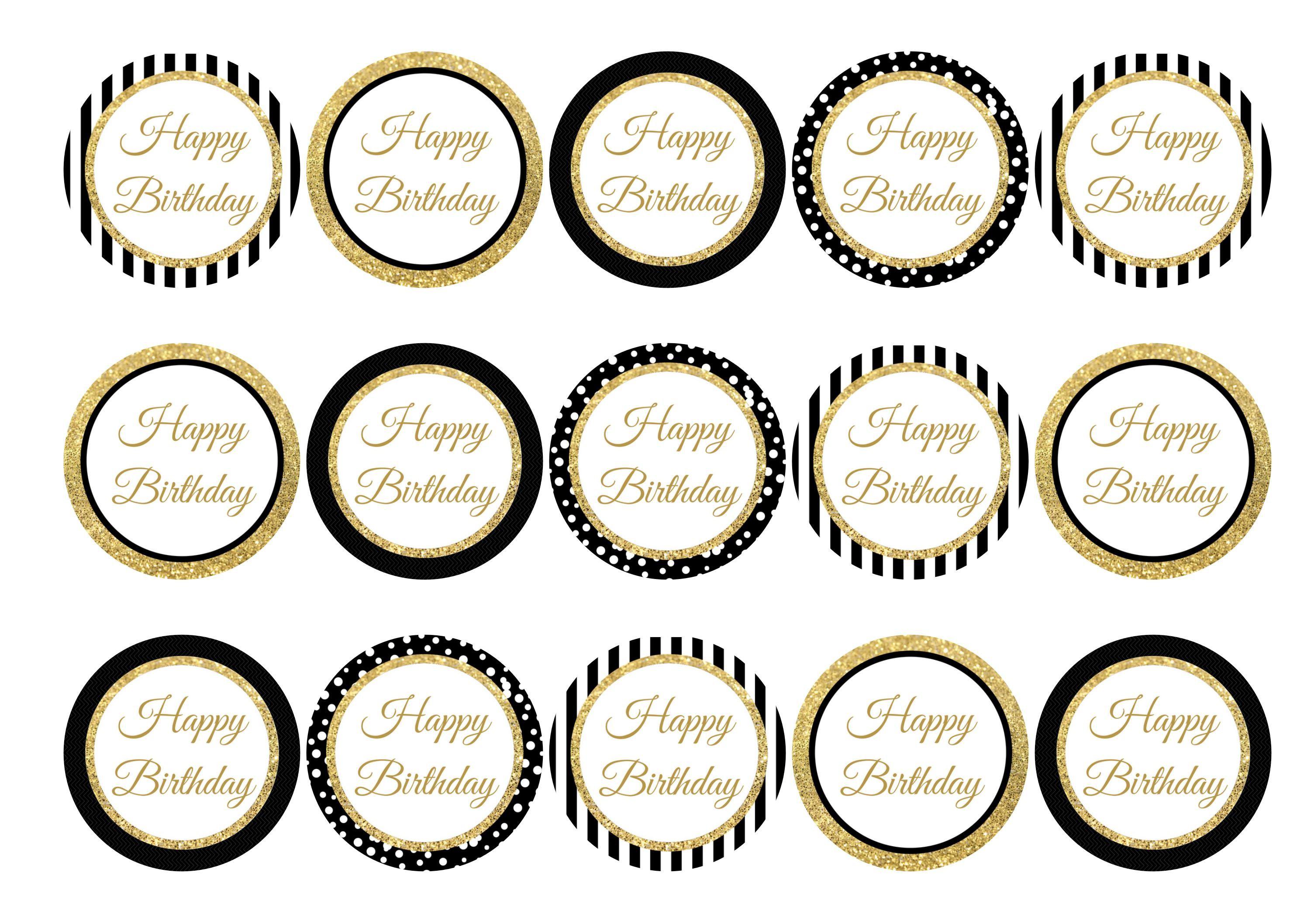 Black and gold printed cupcake toppers for a happy birthday