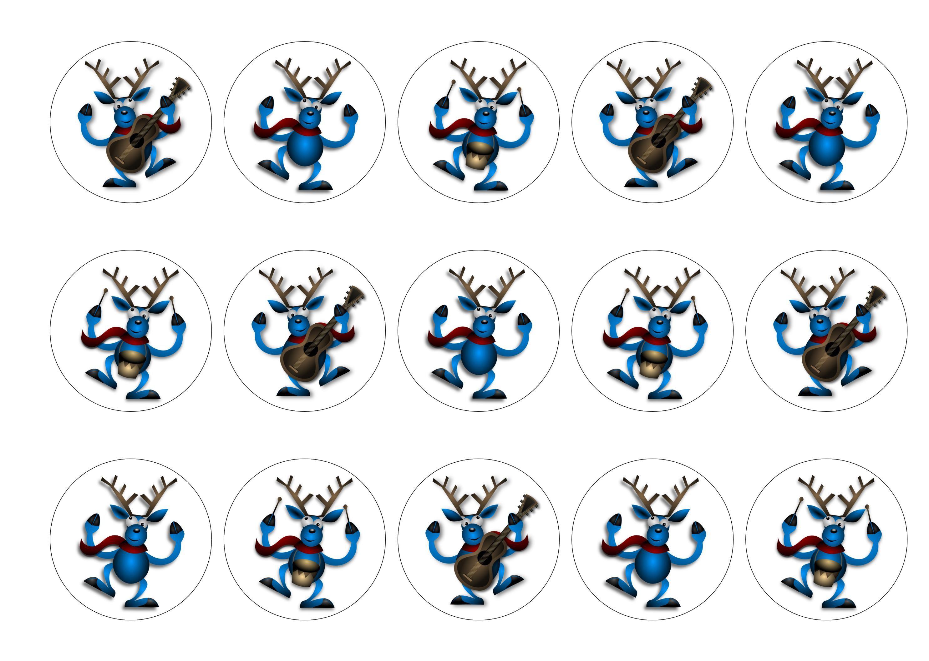 Printed cake toppers with blue musical reindeer images