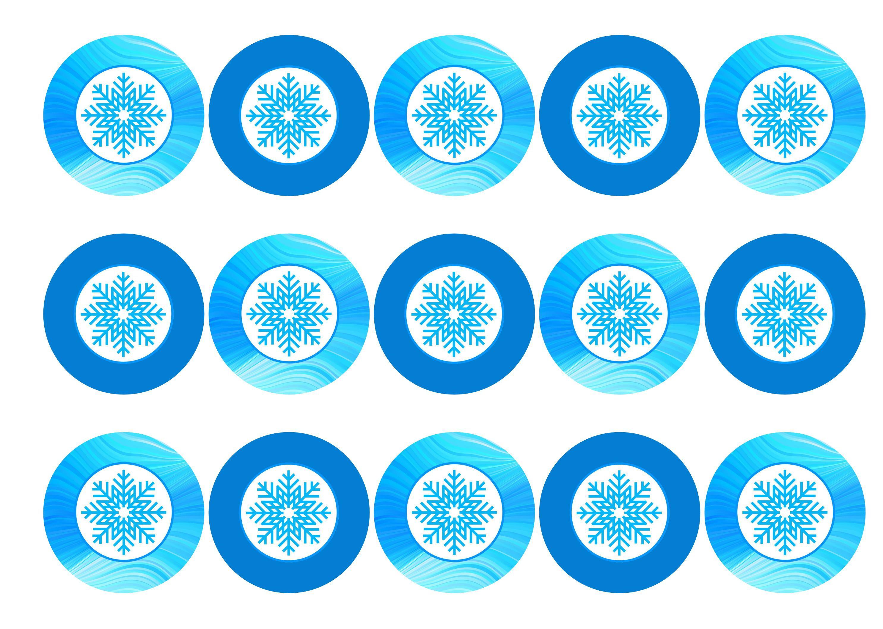 15 printed cupcake toppers with blue snowflakes