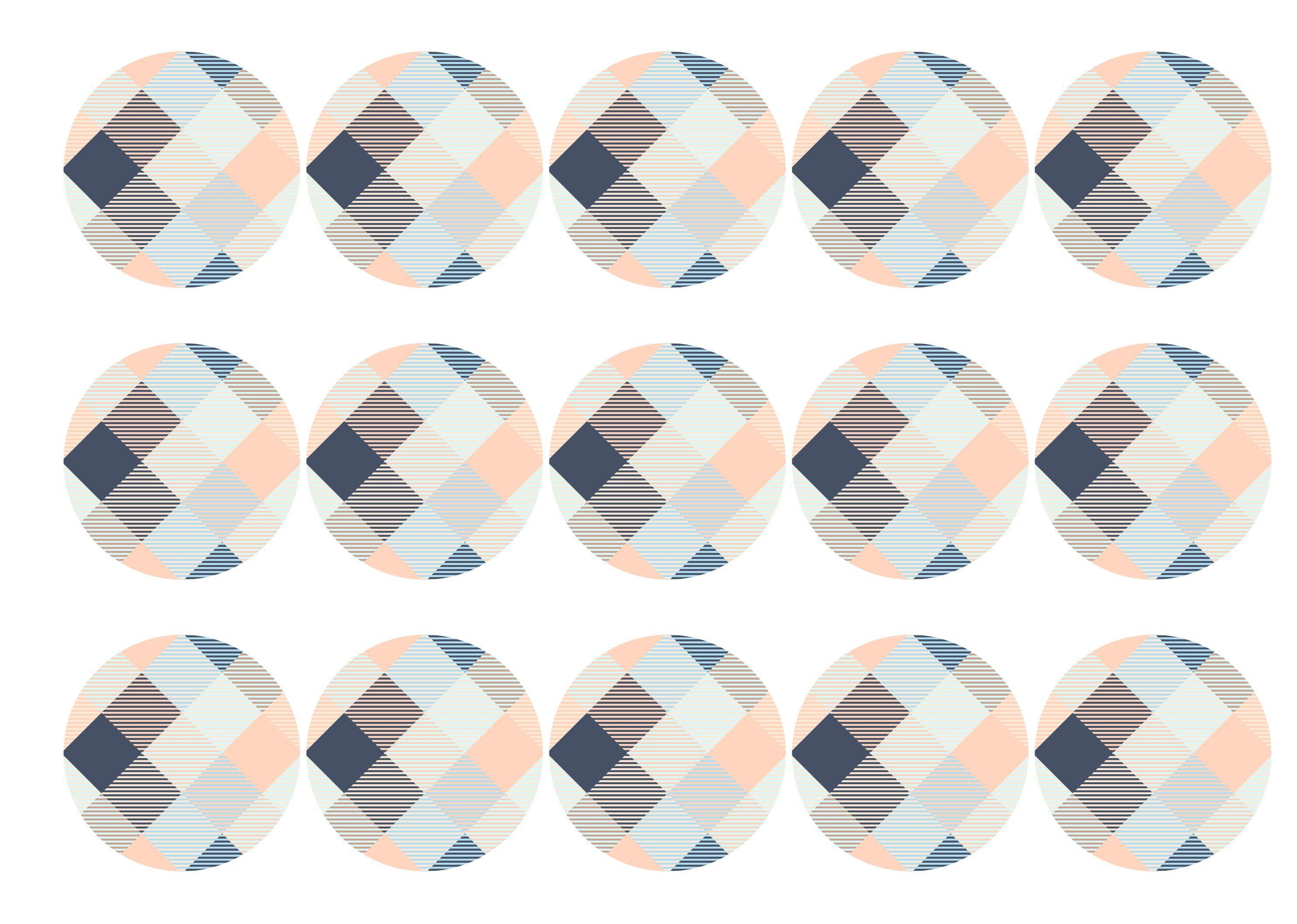 15 printed toppers with a blue and peach check design