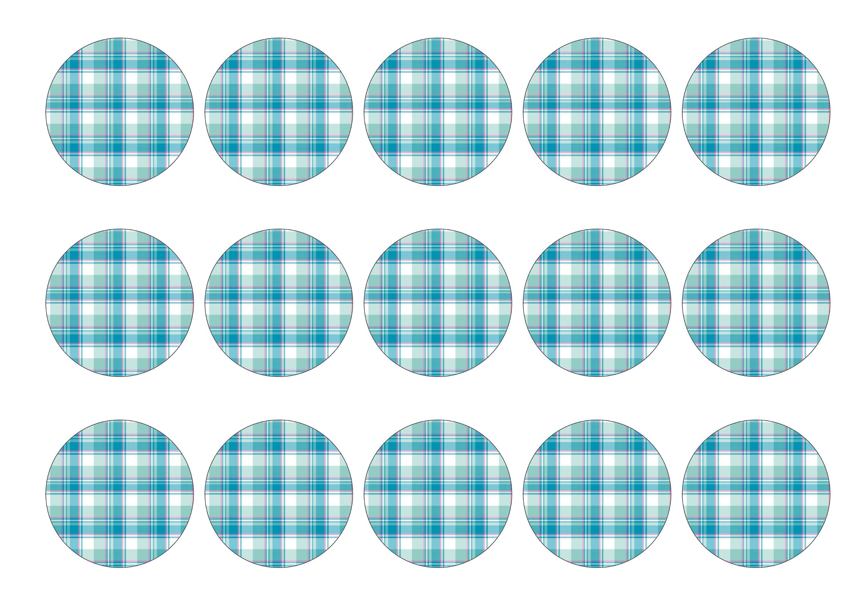 15 printed cupcake toppers with a turquoise tartan design