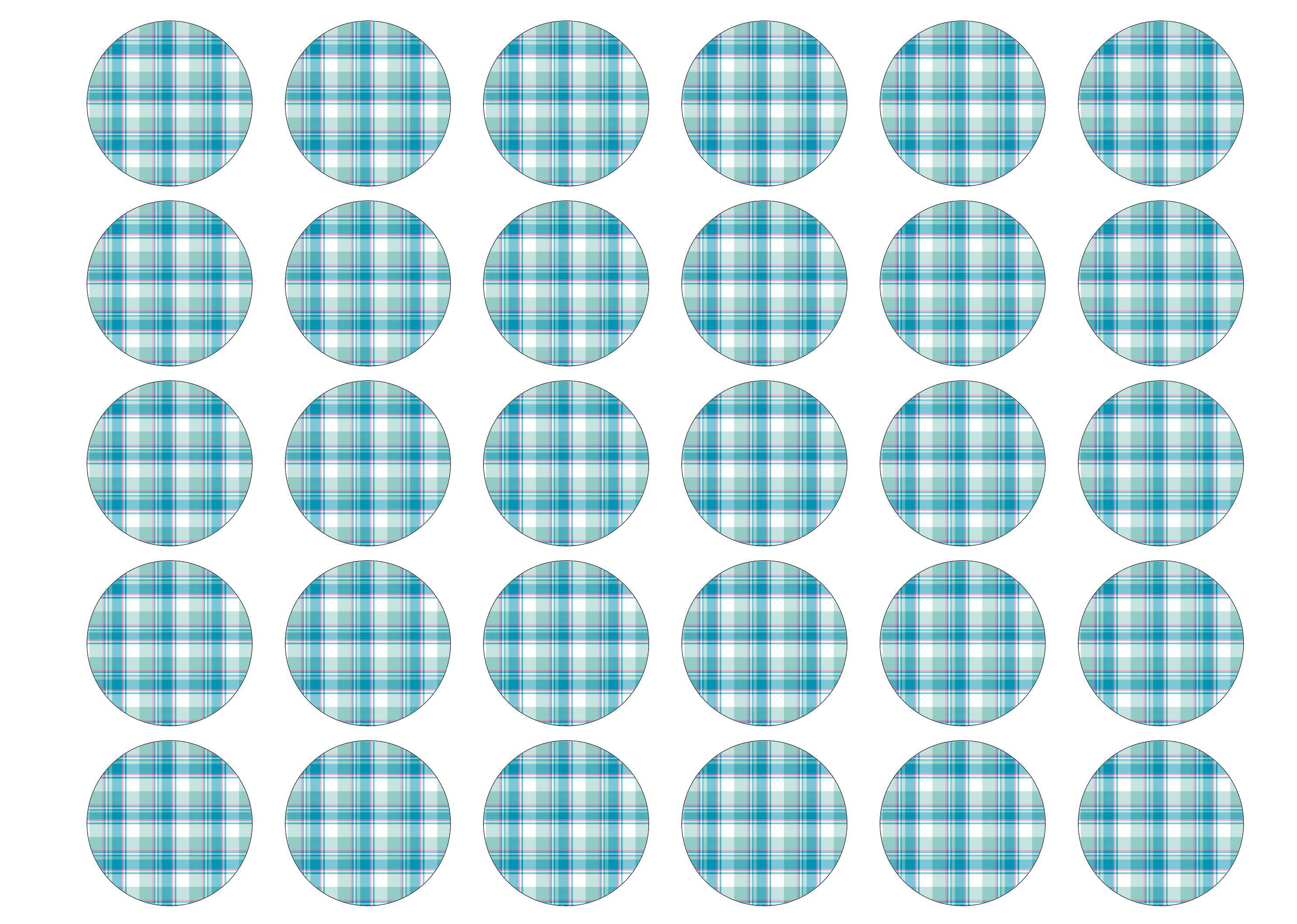 30 edible cupcake toppers with a turquoise tartan design