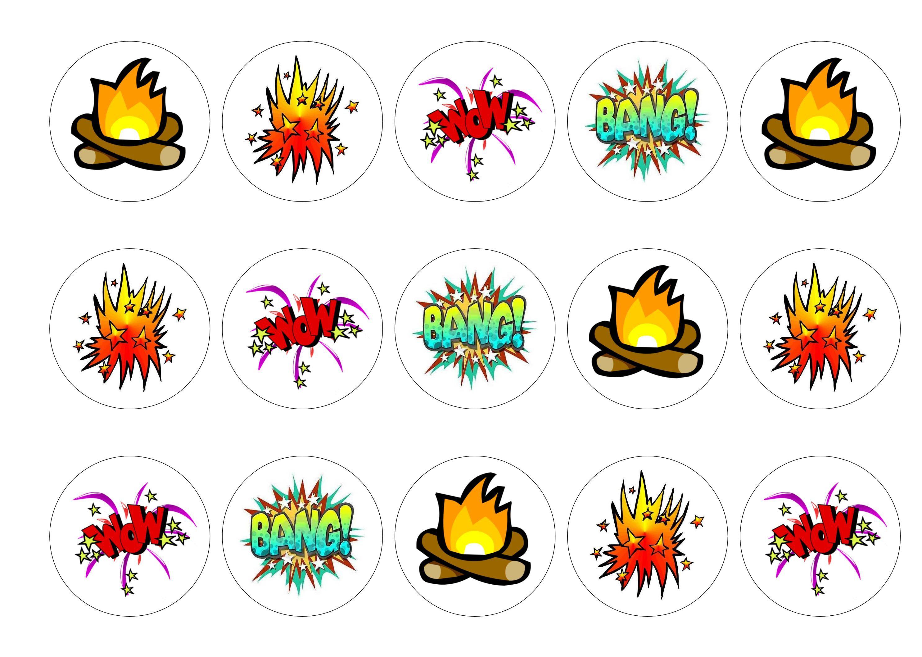 Printed cupcake toppers with Bonfire night and fireworks images