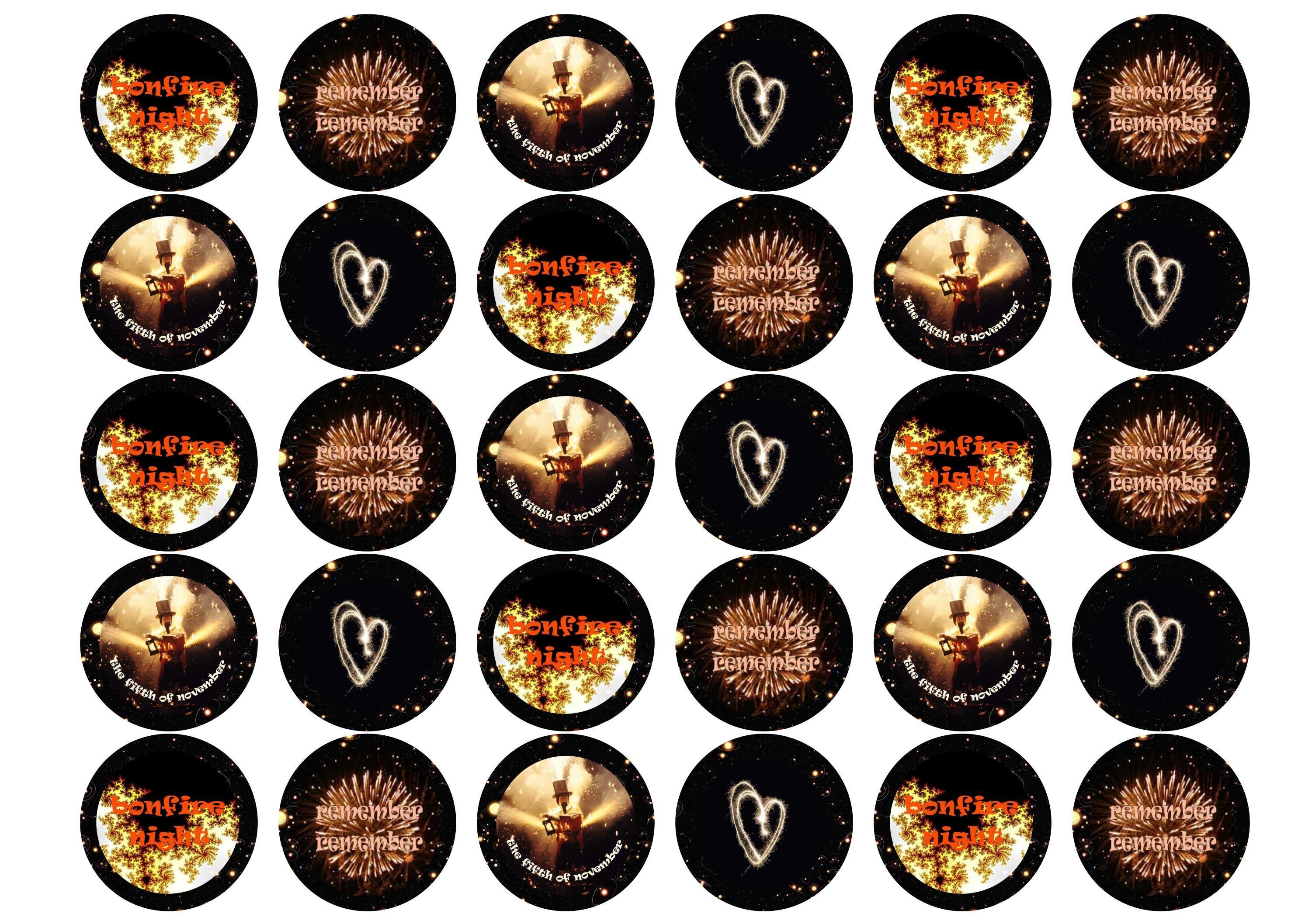 Printed edible cupcake toppers with images of Bonfire night