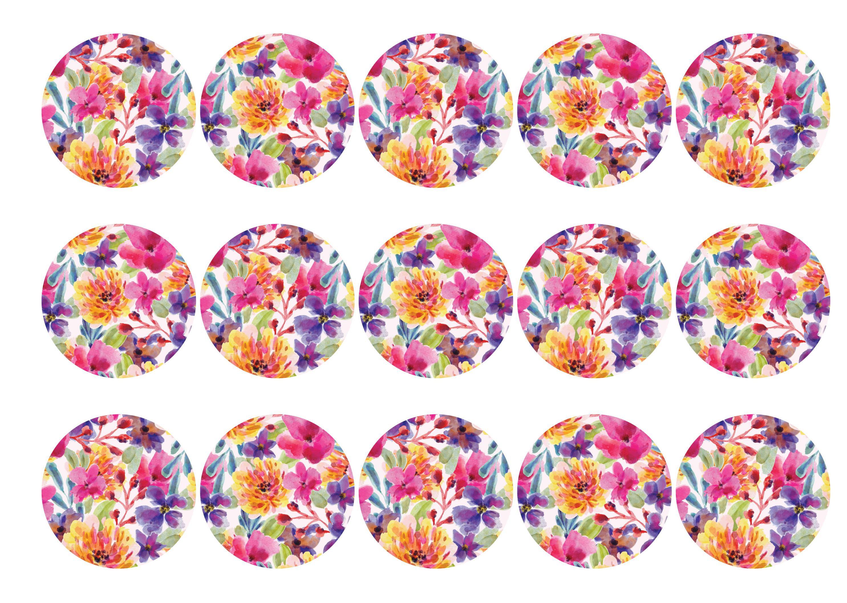 15 printed toppers in a bright floral design
