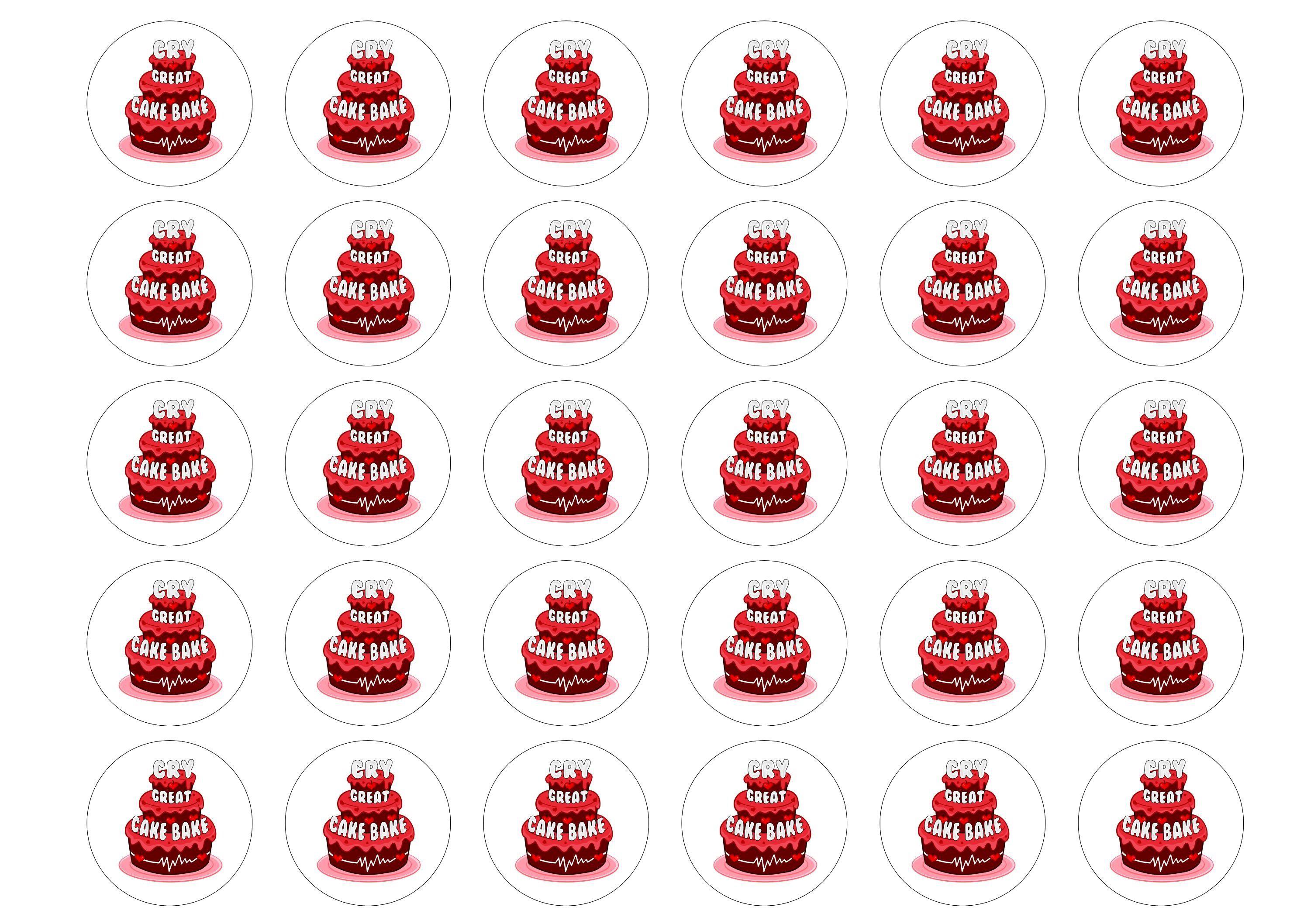 Printed edible cake toppers and cupcake toppers with the Great Cake Bake logo for CRY (Cardiac Risk in the Young)